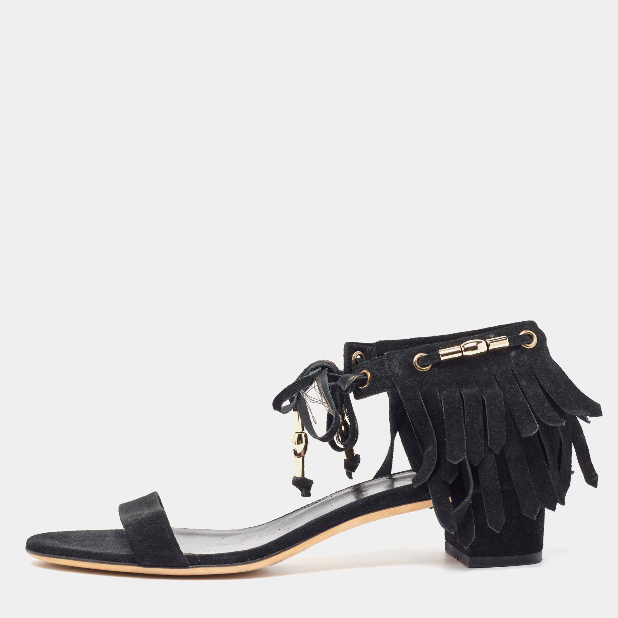 Gucci Black Suede Fringe Ankle Strap Sandals Size 39