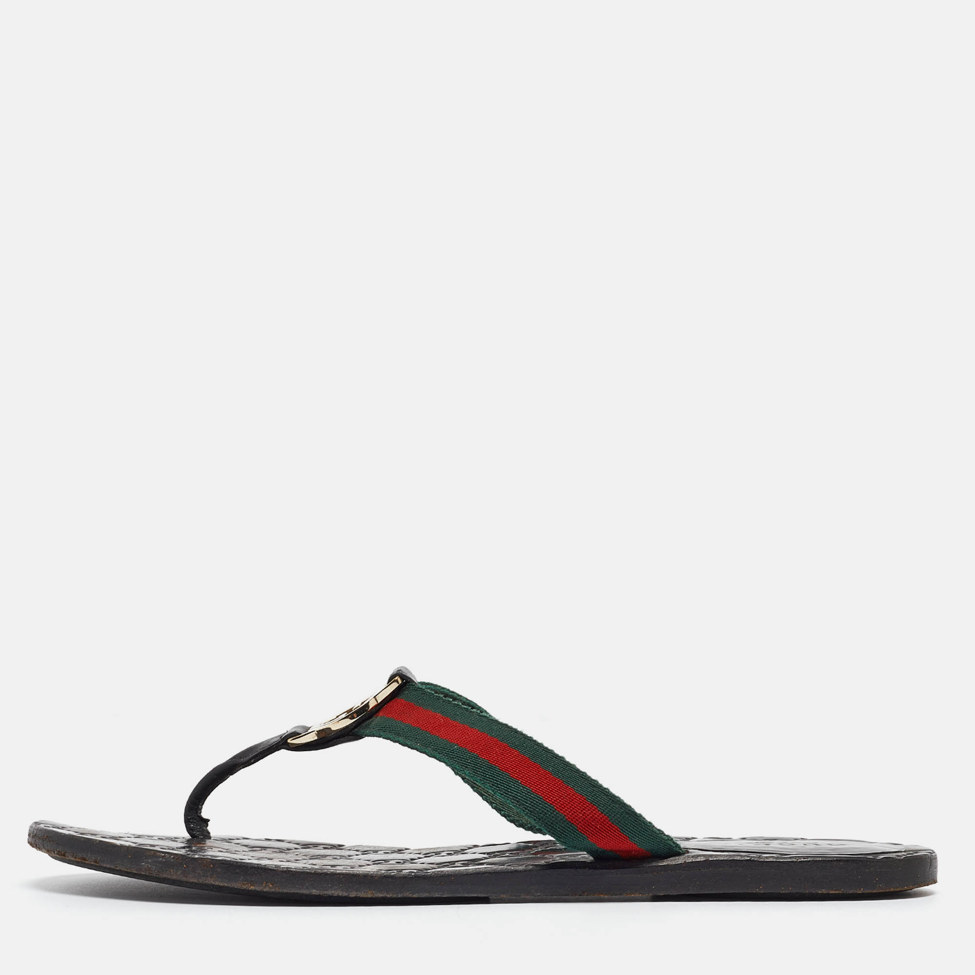 Pre Owned Gucci Tricolor Leather and Canvas Web Interlocking G Thong Flats Size 38
