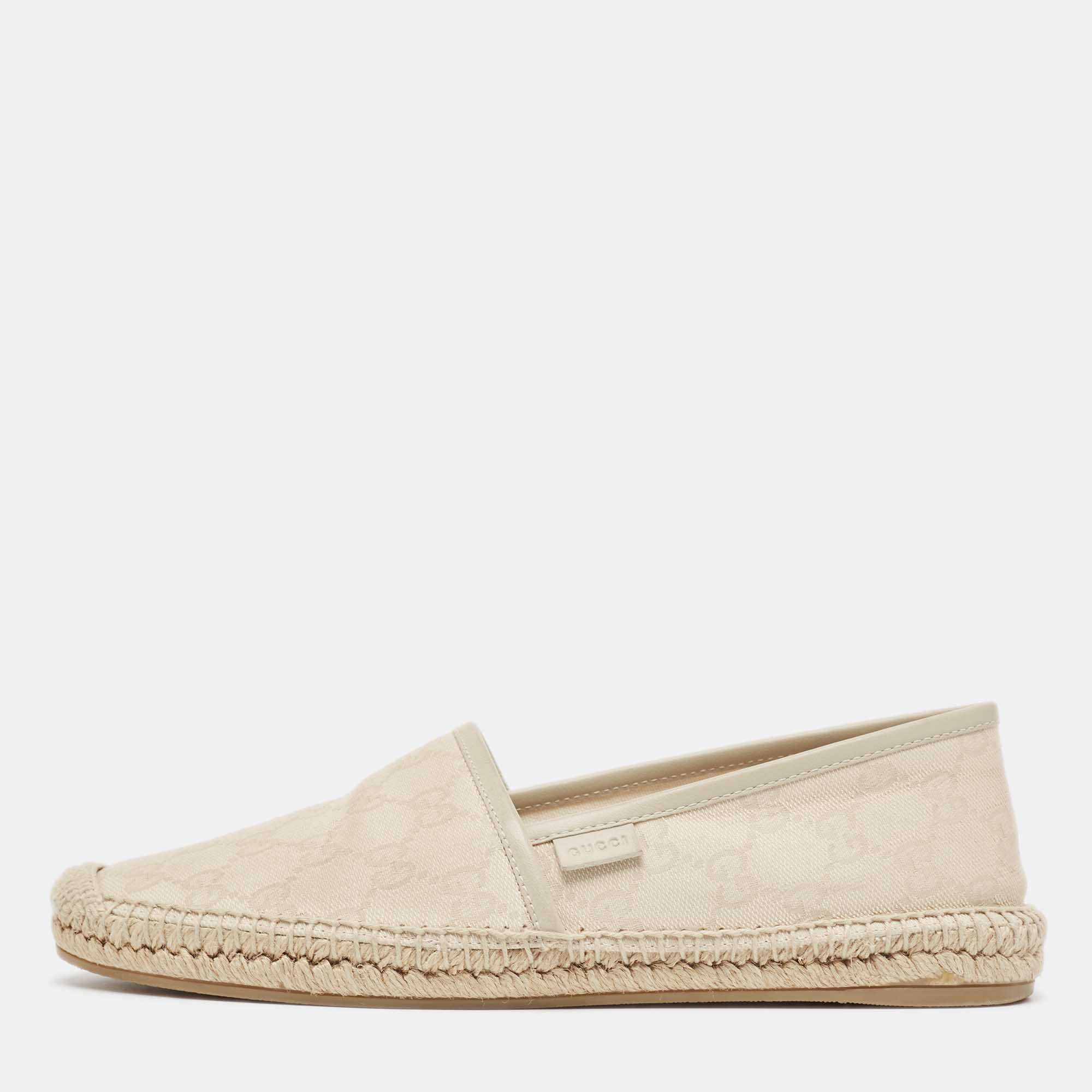 Pre Owned Gucci Grey Leather and GG Canvas Espadrille Flats Size 38.5