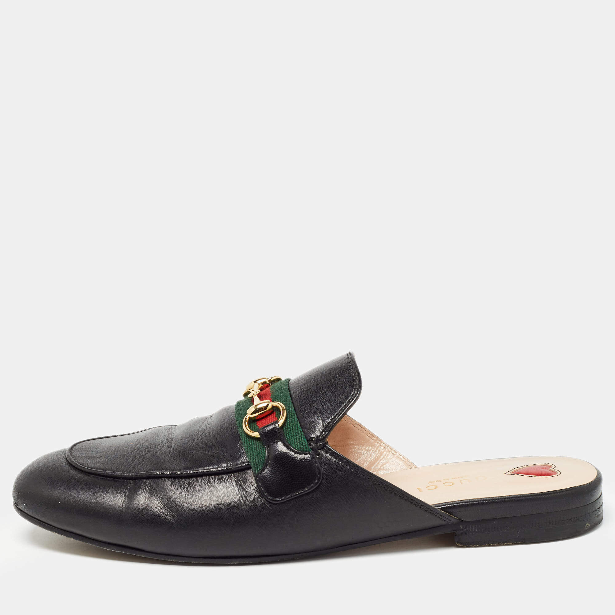 Pre Owned Gucci Black Leather Web Princetown Flat Mules Size 37.5