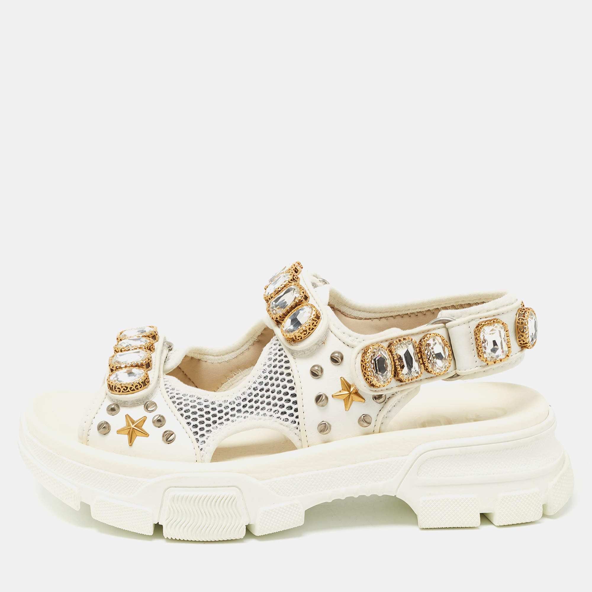Gucci White/Grey Mesh and Leather Aguru Slingback Sandals Size 39