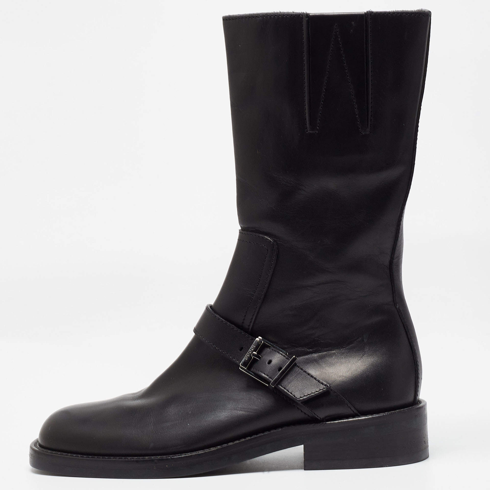 مملوكة مسبقًا Gucci Black Leather Buckle Detail Mid Calf Boots Size 35.5