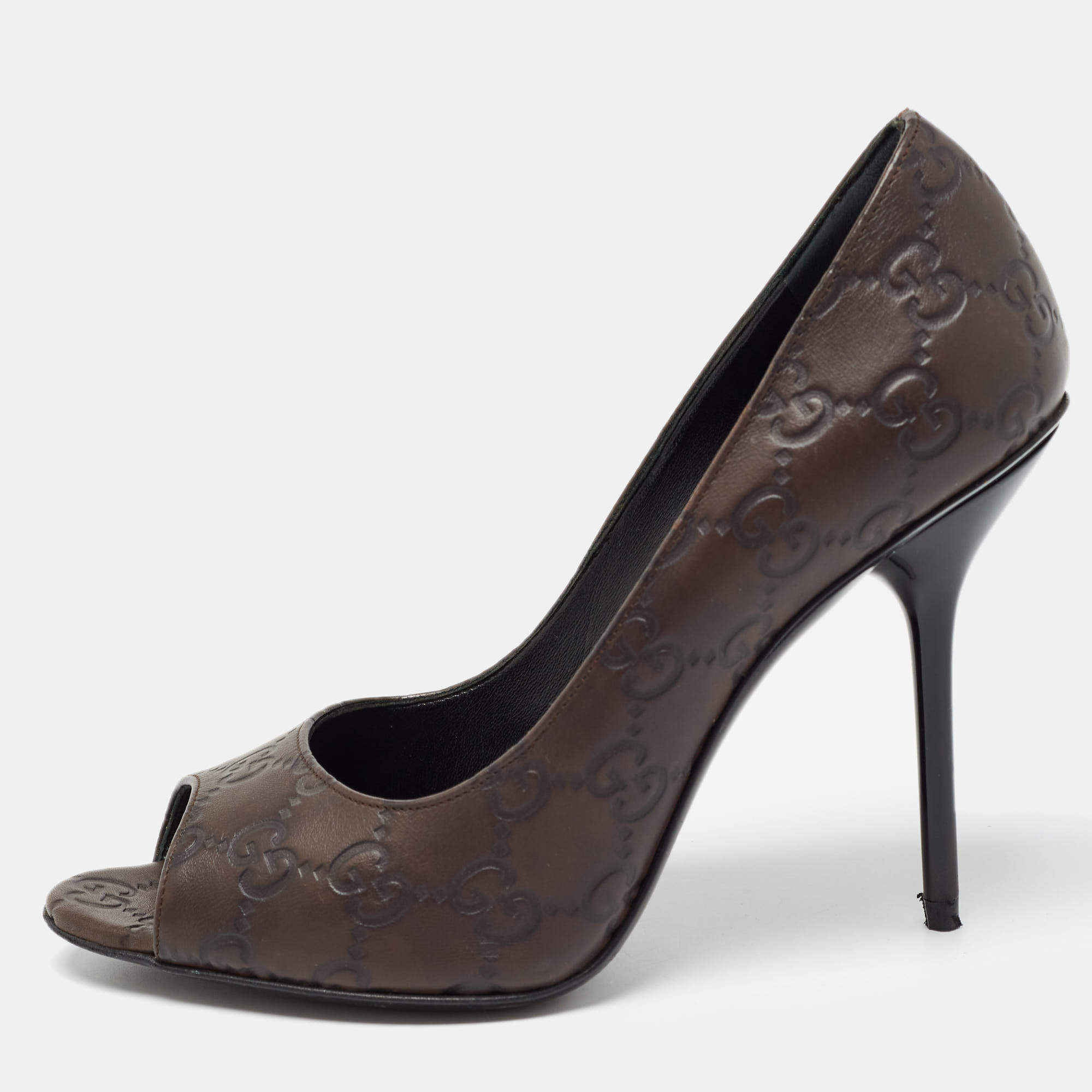 Gucci Brown Guccissima Leather Peep Toe Pumps Size 37