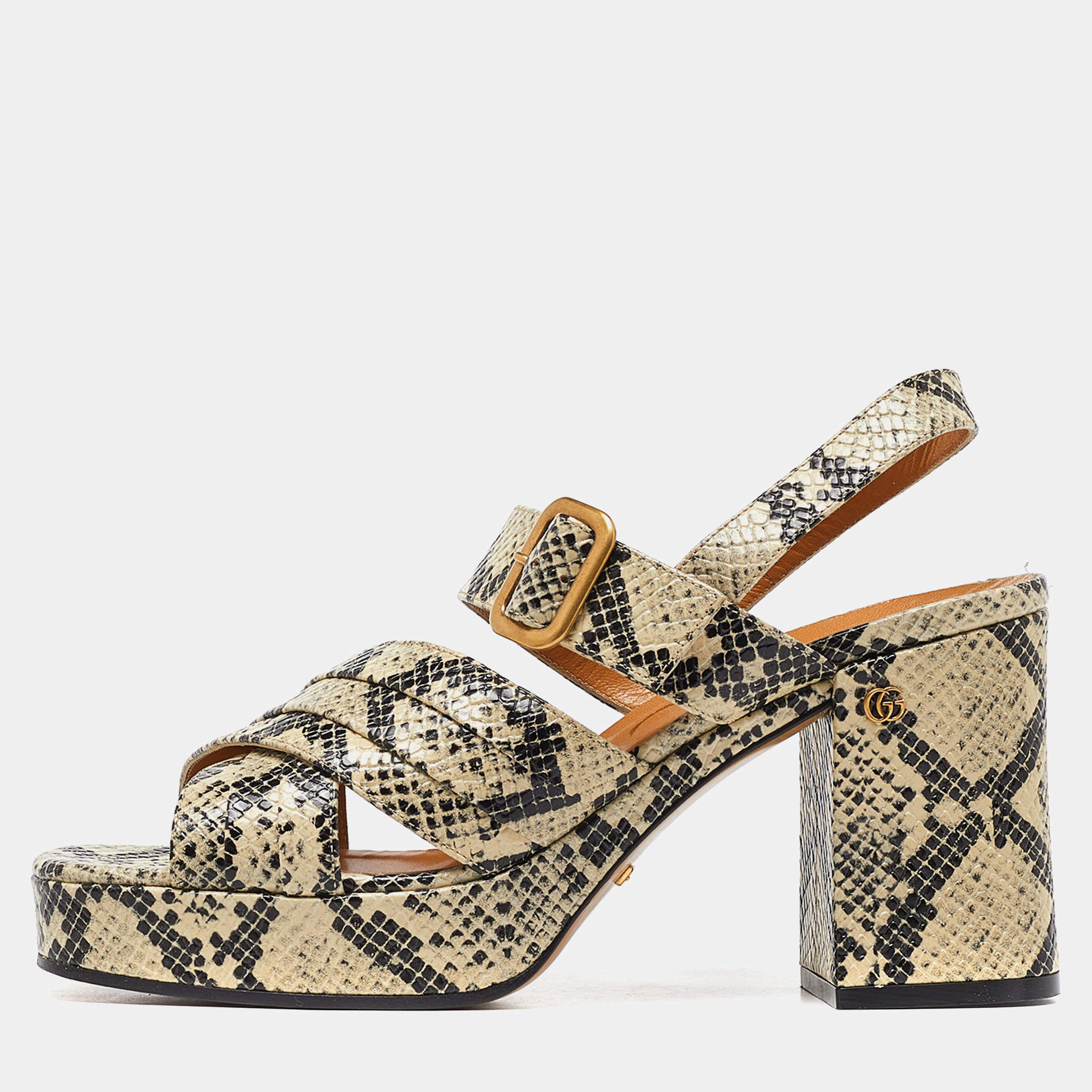 Gucci Beige/Black Python Embossed Platform Block Heel Ankle Strap