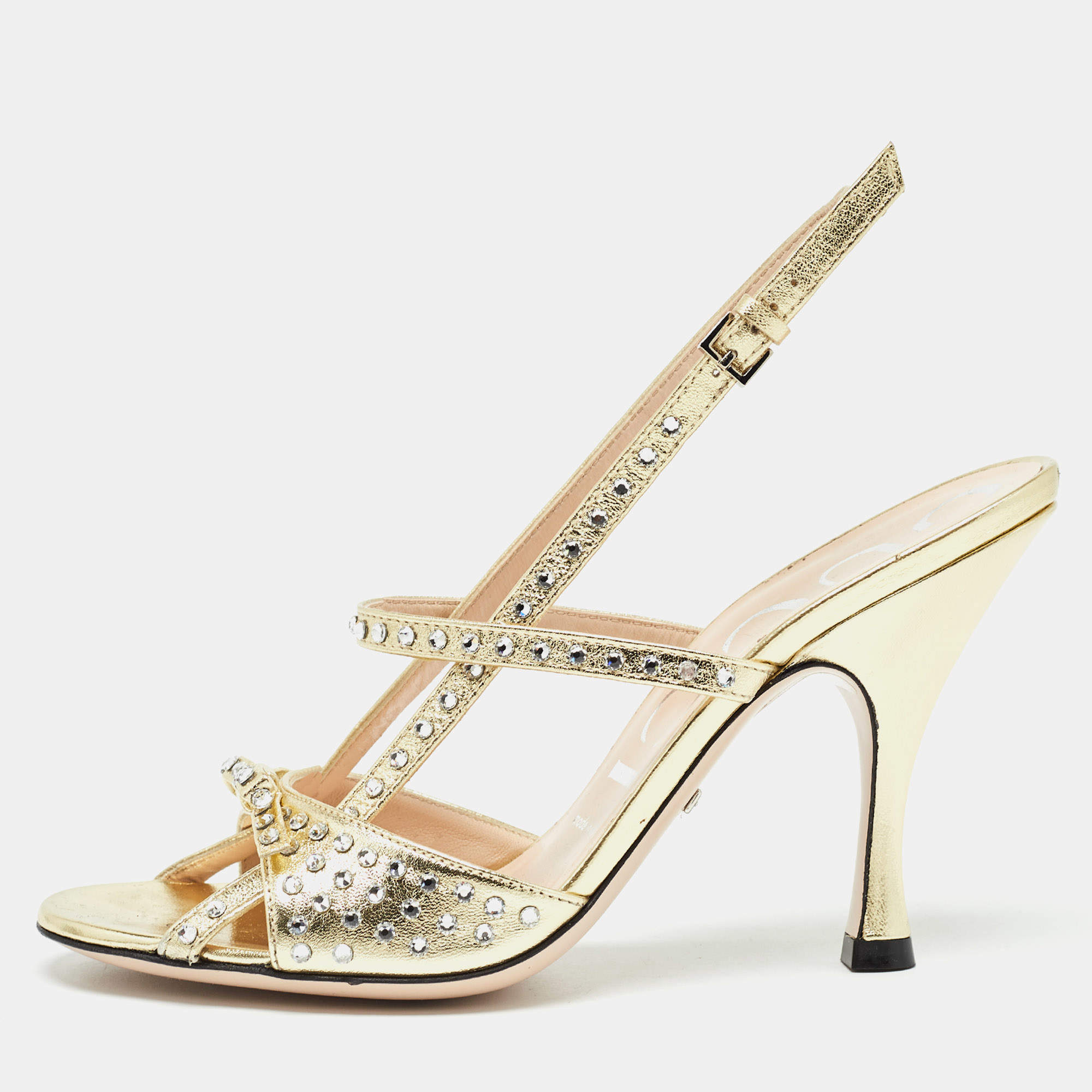 Gucci Gold Leather Crystal Embellished Slingback Sandals Size 36