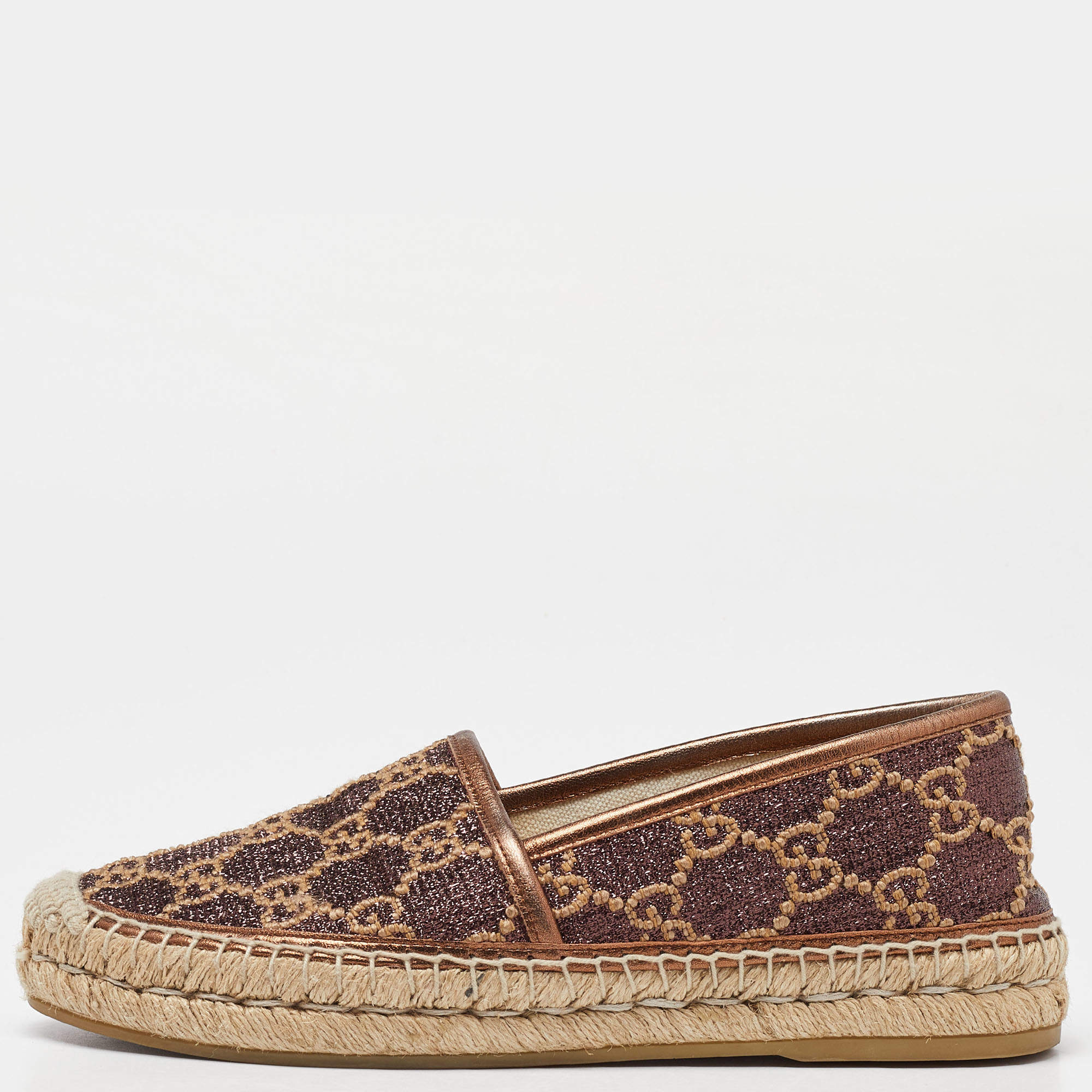 Pre Owned Gucci Brown GG Glitter Leather Espadrille Flats Size 36