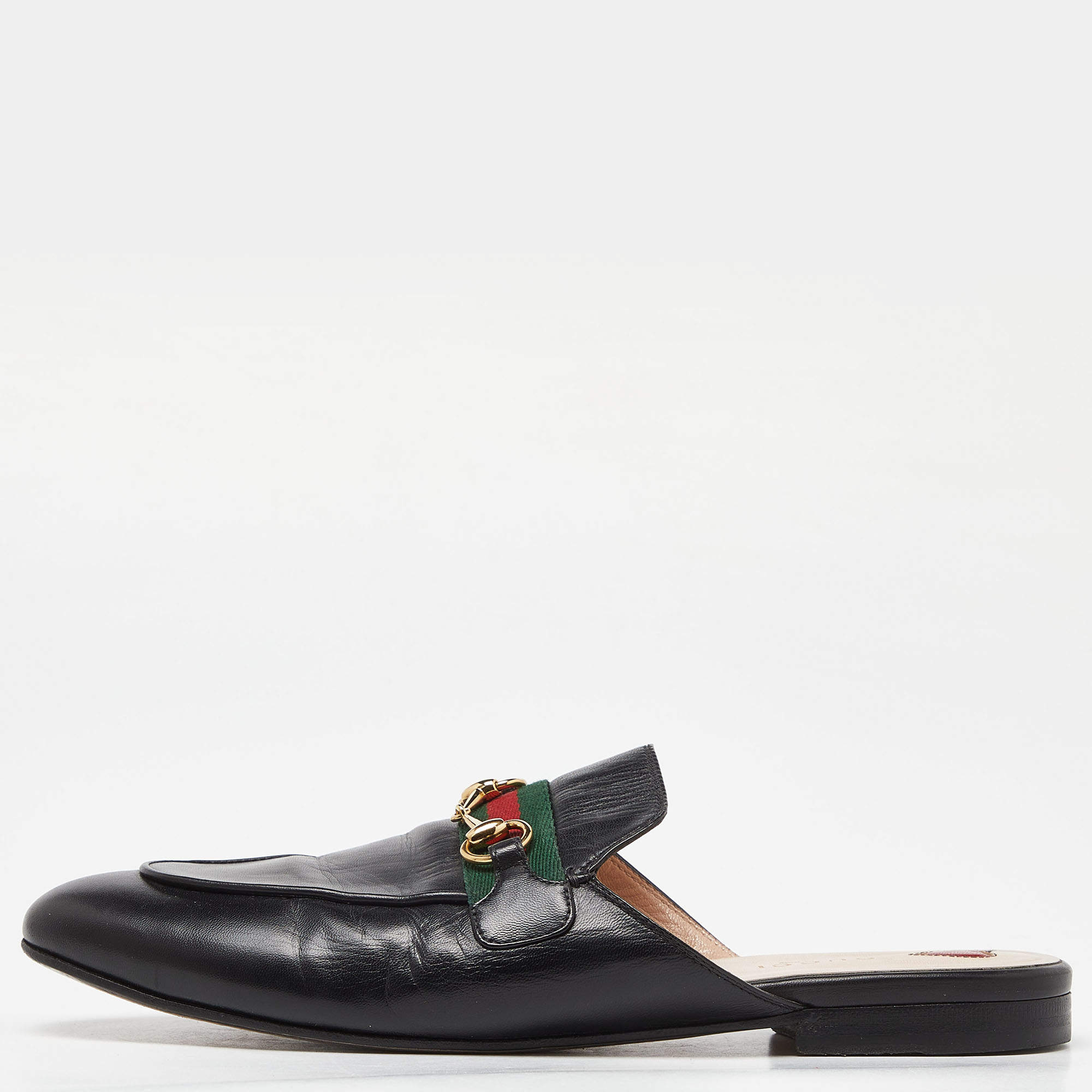 مملوكة مسبقًا Gucci Black Leather Princetown Horsebit Flat Mules Size 40.5