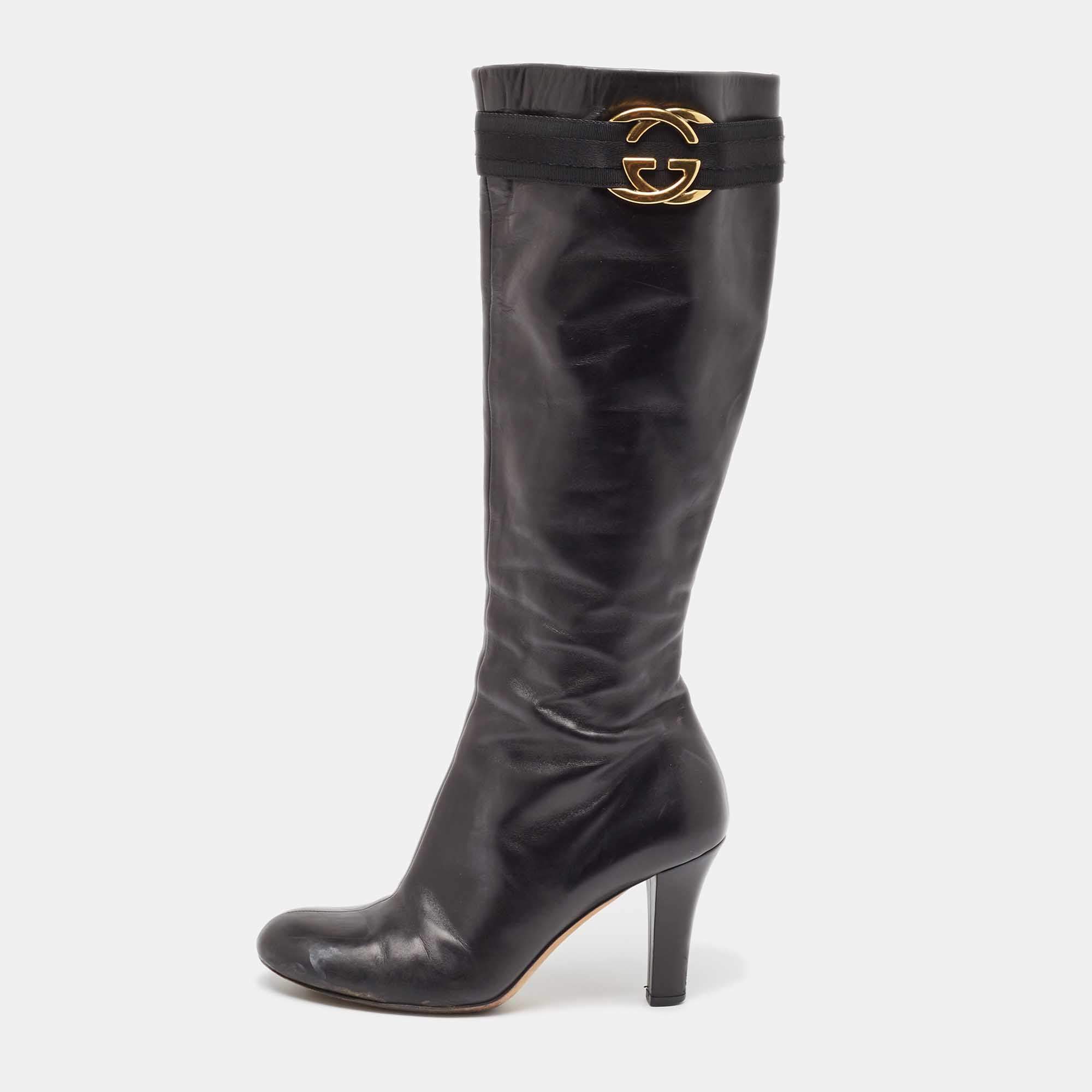 Gucci Black Leather Sukey Knee Length Boots Size 38