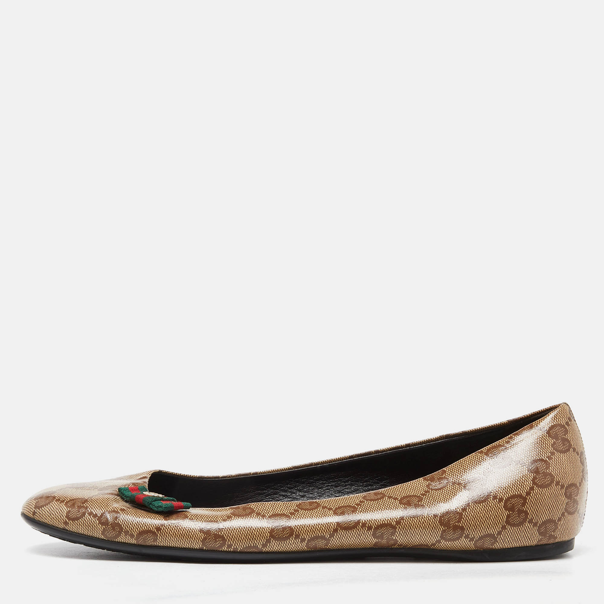 Pre Owned Gucci Brown/Beige GG Crystal Canvas Web Bow Ballet Flats Size 40.5