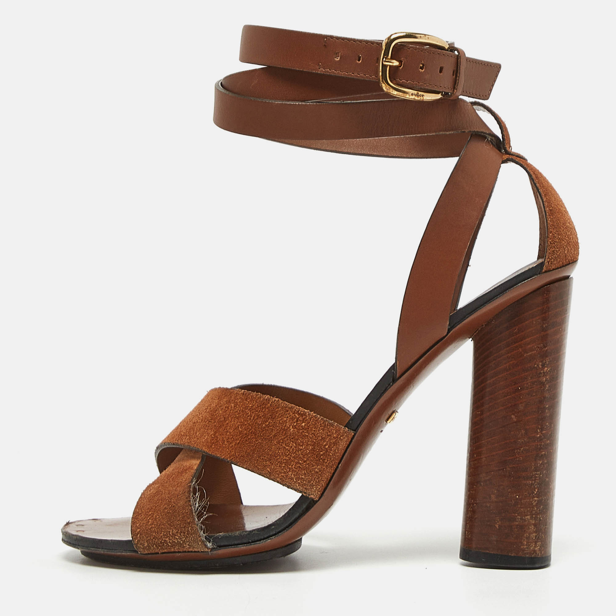 Pre Owned Gucci Brown Leather and Suede Ankle Strap Sandals Size 39