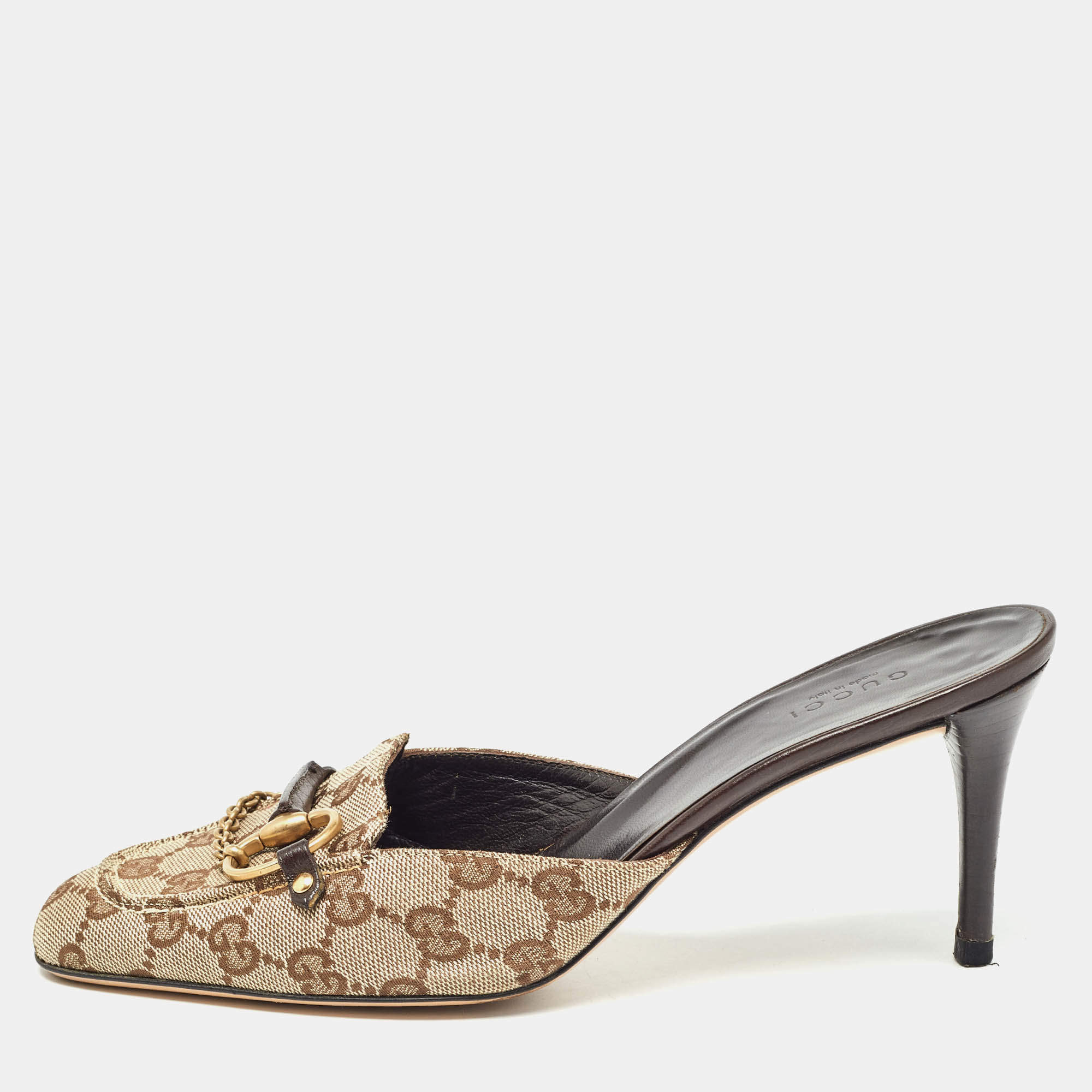 Pre Owned Gucci Brown Canvas And Leather Nostyle Mules Size 39.5 