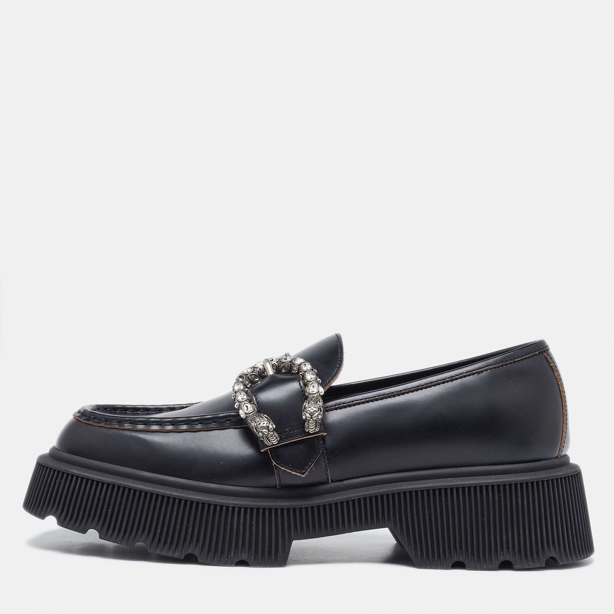 Gucci Black Leather Dionysus Accent Platform Loafers Size 40