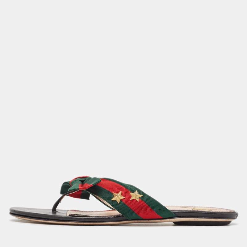 Pre Owned Gucci Red/Green Web Canvas Star Bow Flat Slides Size 37.5
