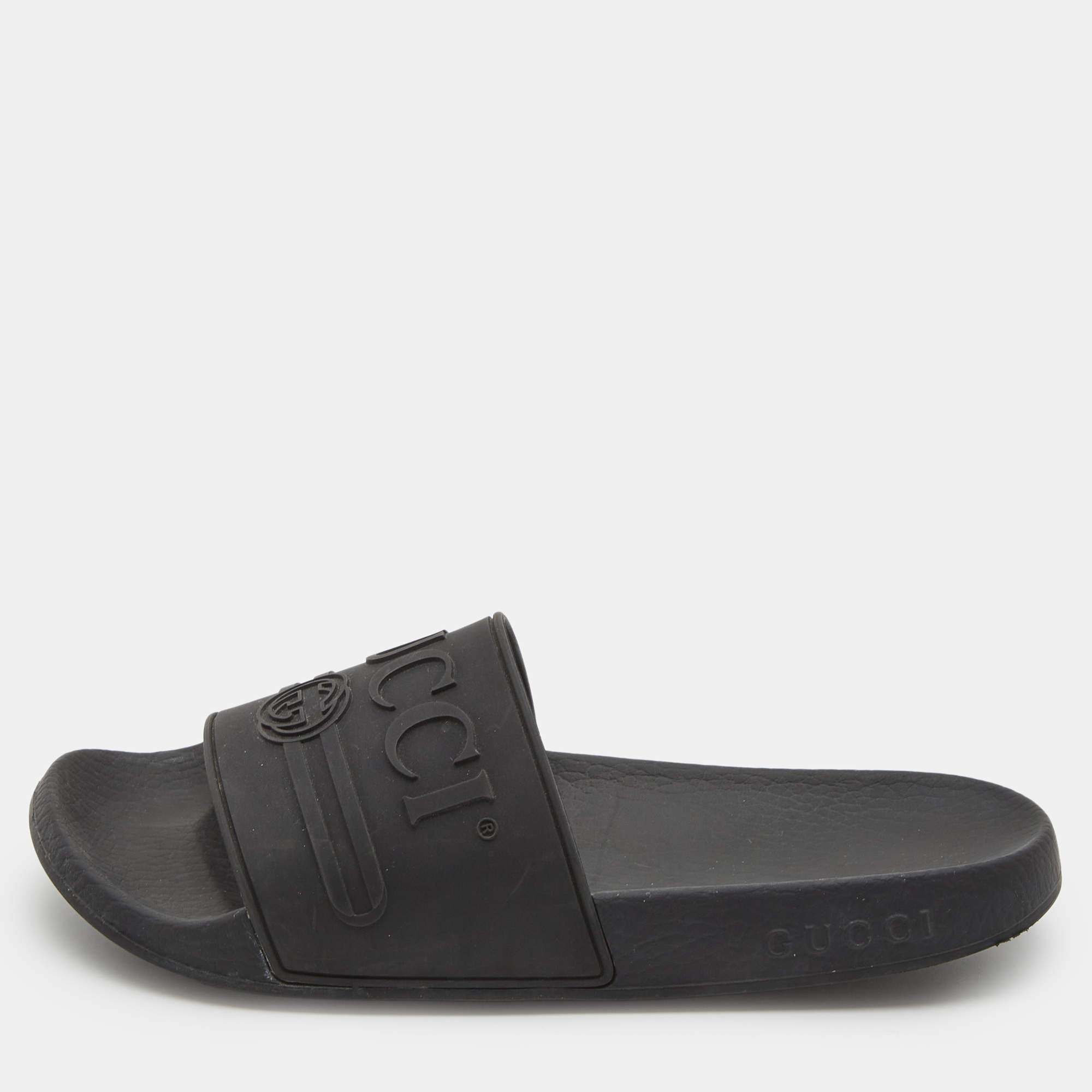 Gucci Black Rubber Logo Pool Slides Size 37 Gucci TLC