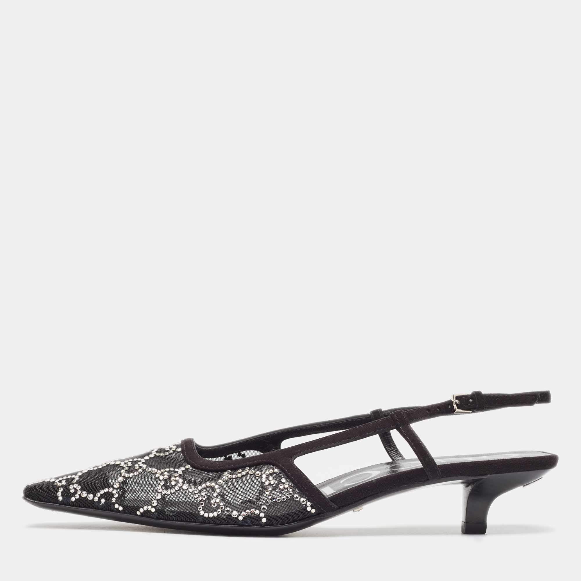 مملوكة مسبقًا Gucci Black Mesh and Suede GG Crystal Slingback Pumps Size 36.5