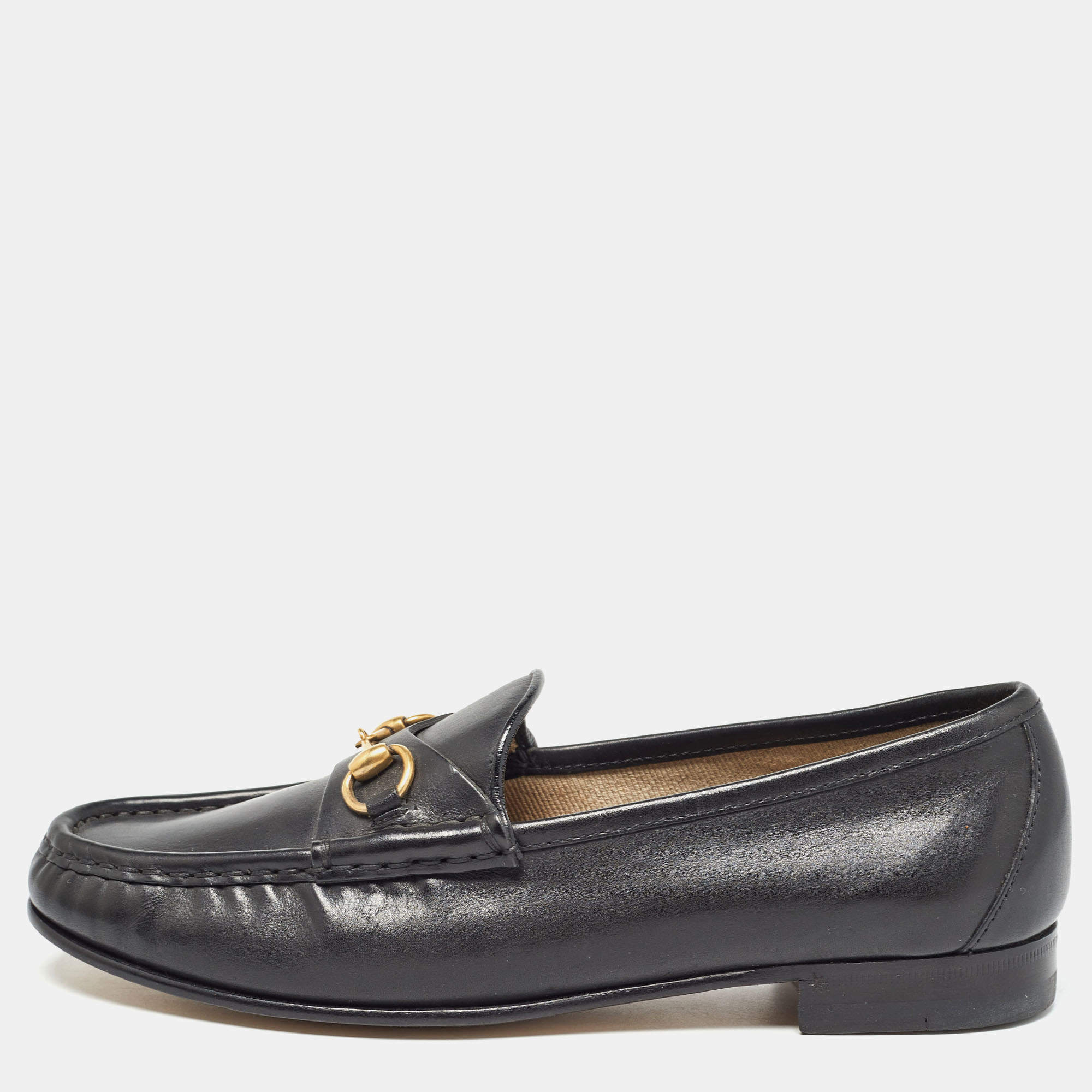 Pre Owned Gucci Black Leather Horsebit 1953 Slip On Loafers Size 37.5