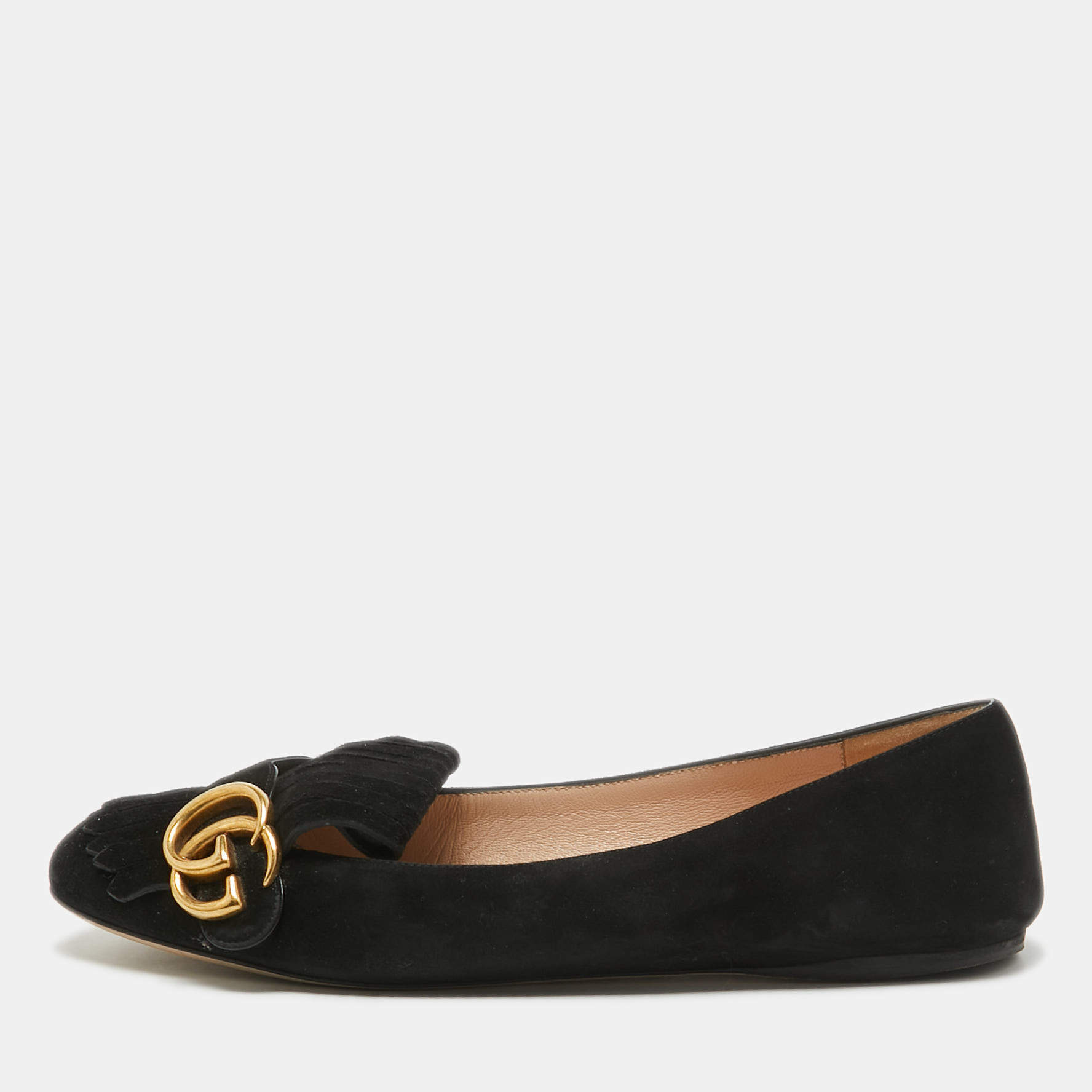 Pre Owned Gucci Black Suede Fringe Trim Accent Ballet Flats Size 38.5