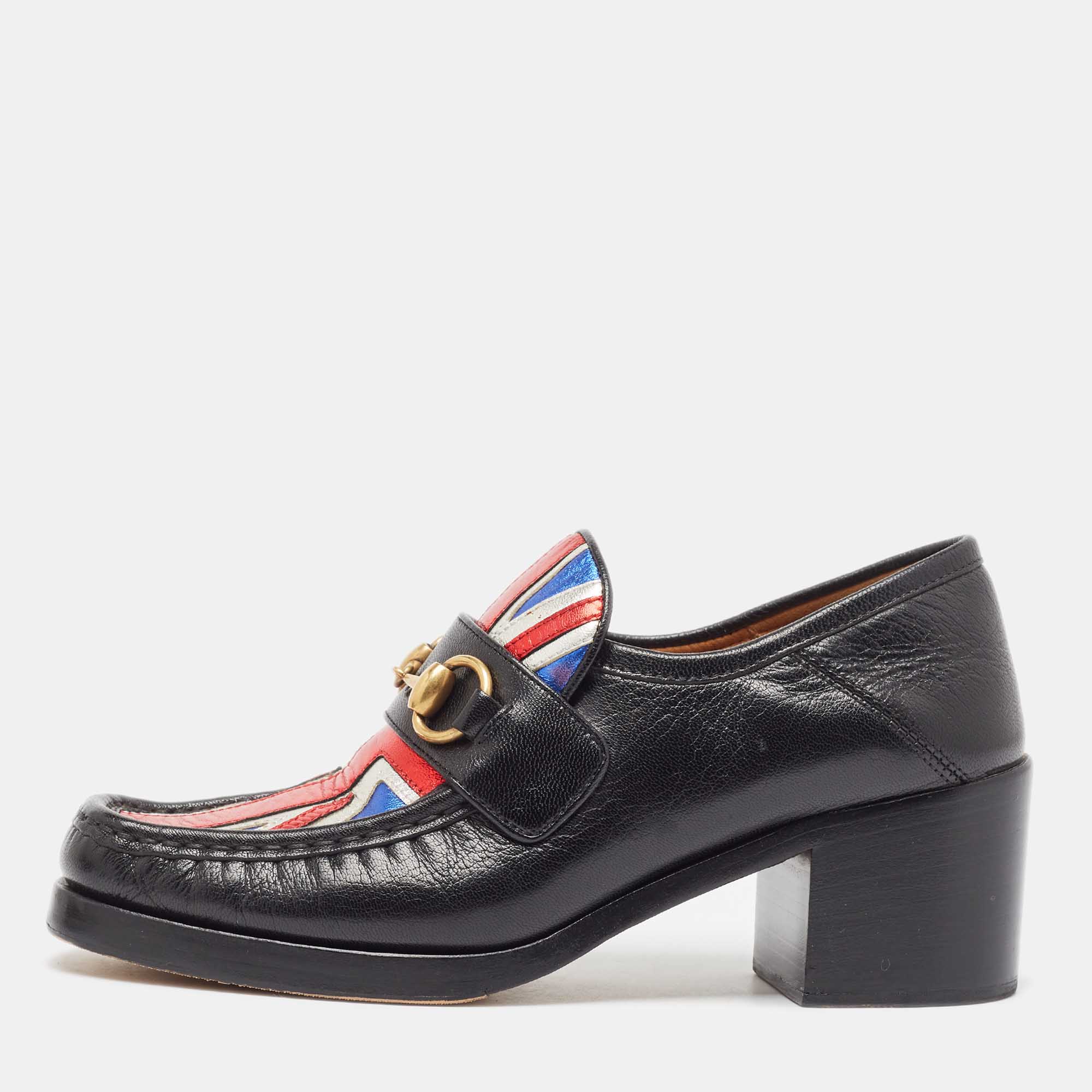Pre Owned Gucci Black Leather Union Jack Horsebit Loafer Pumps Size 37