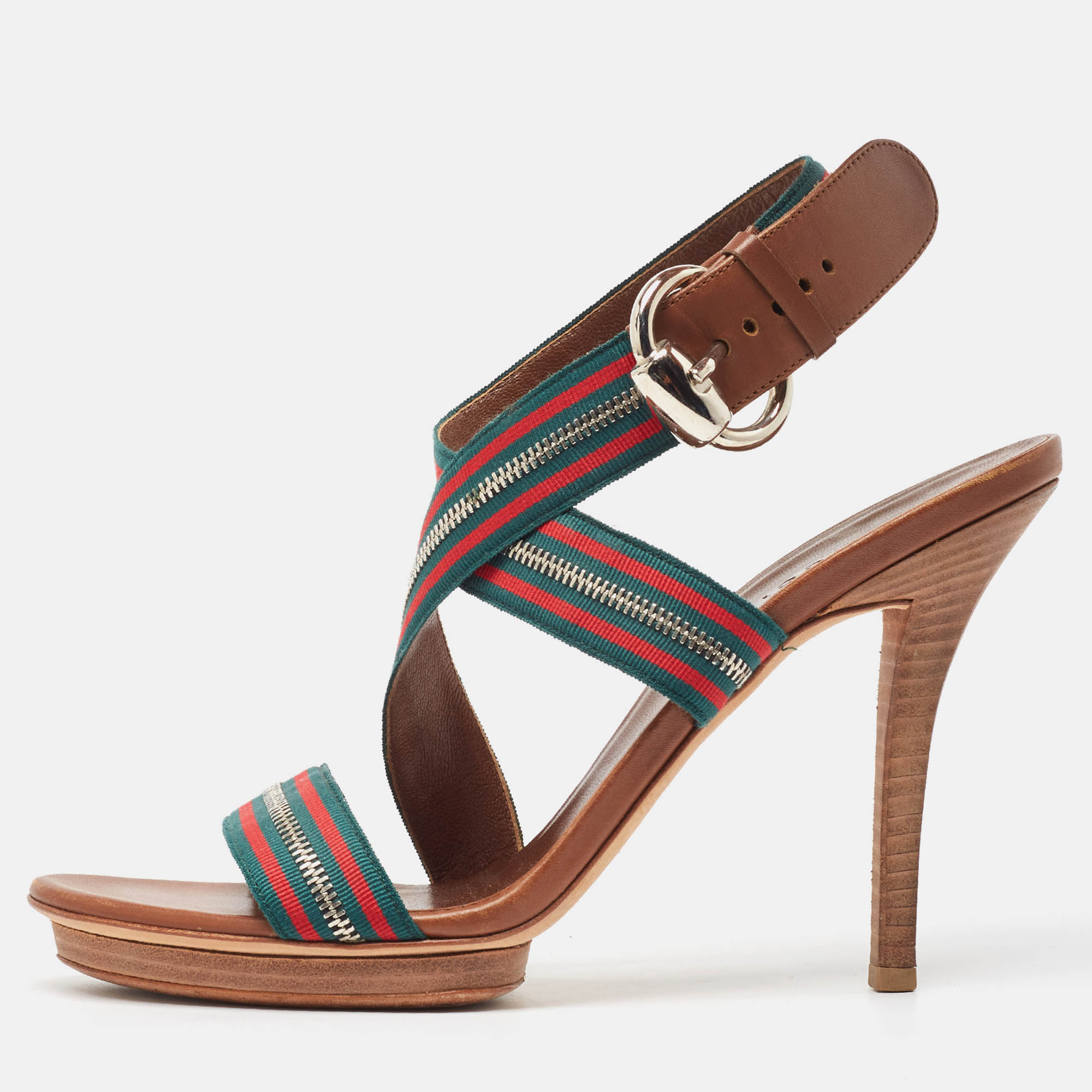 Gucci Tricolor Leather and Zip Web Canvas Ankle Wrap Sandals Size 39.5