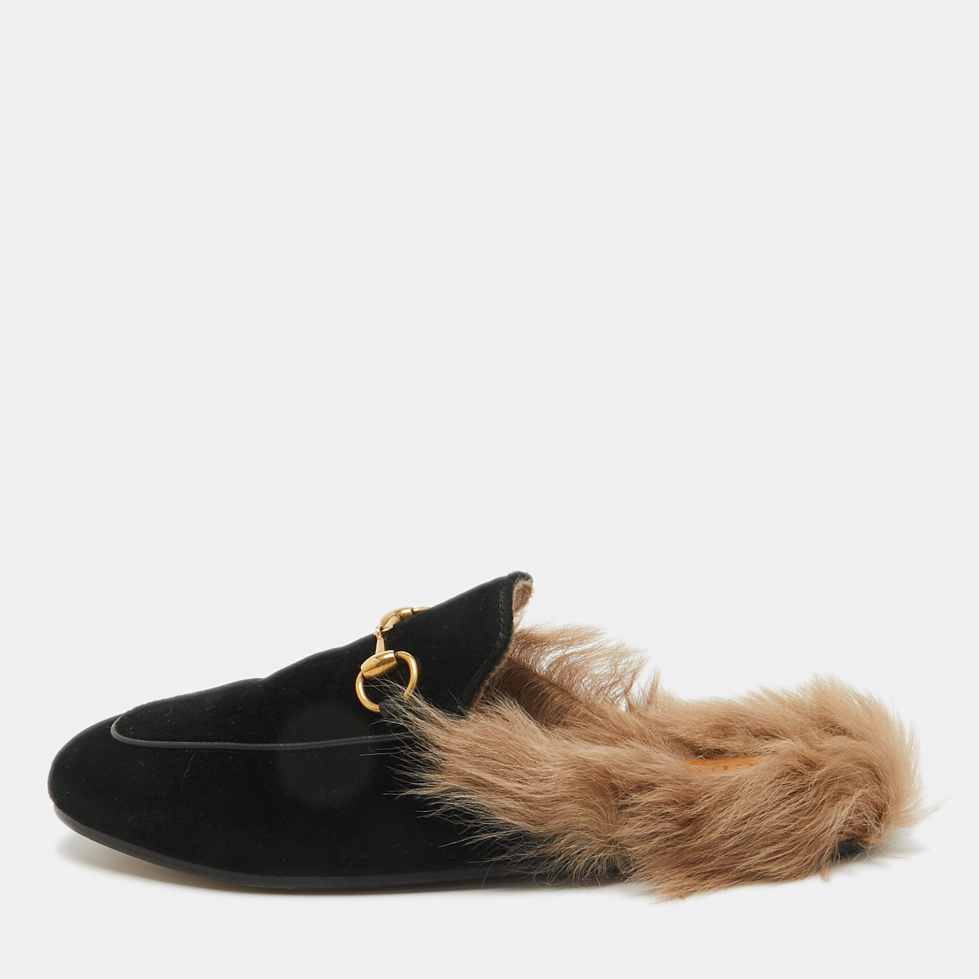 Gucci Black Velvet and Fur Lined Princetown Flat Mules Size 36.5