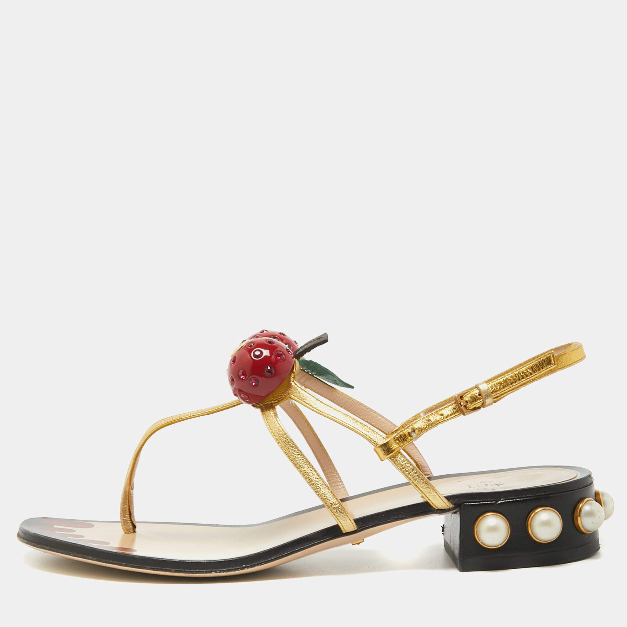 Gucci Gold Leather Hatsumomo Cherry Thong Sandals Size 37.5