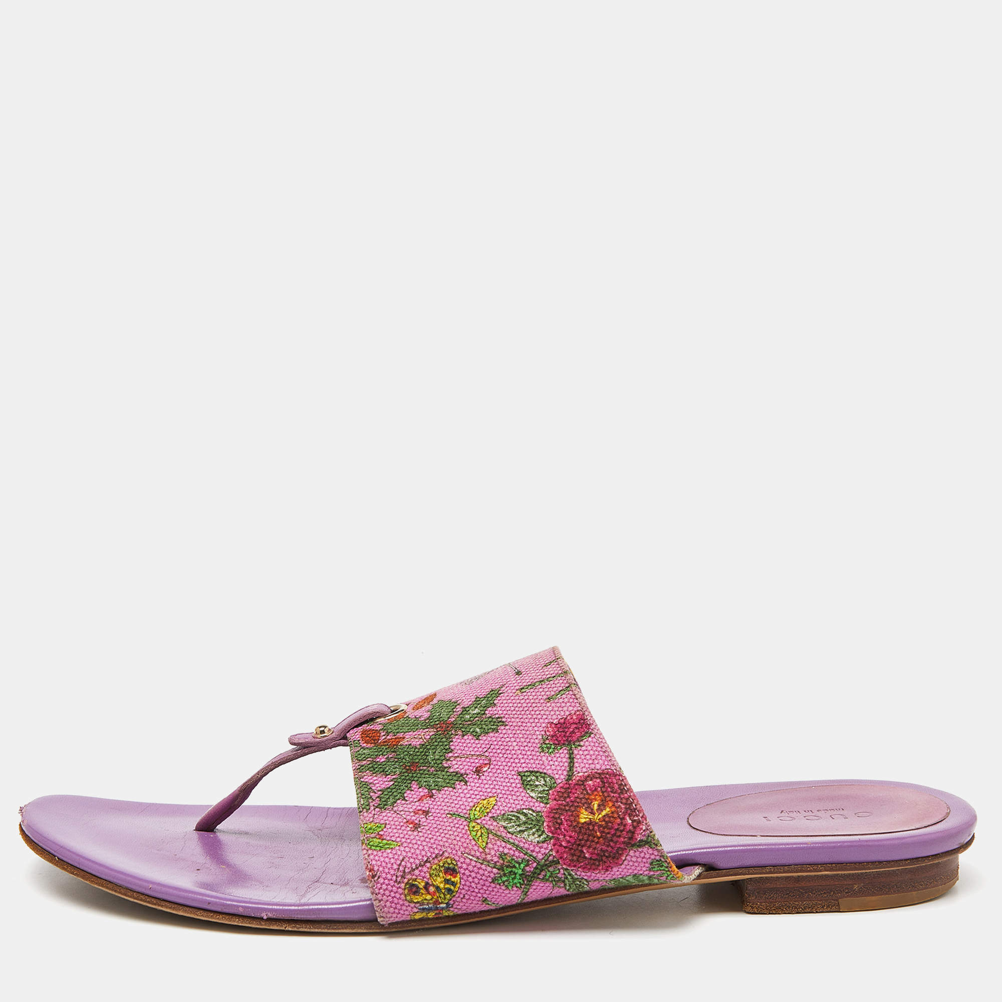 Pre Owned Gucci Purple Floral Canvas and Leather Thong Slide Flats Size 39.5