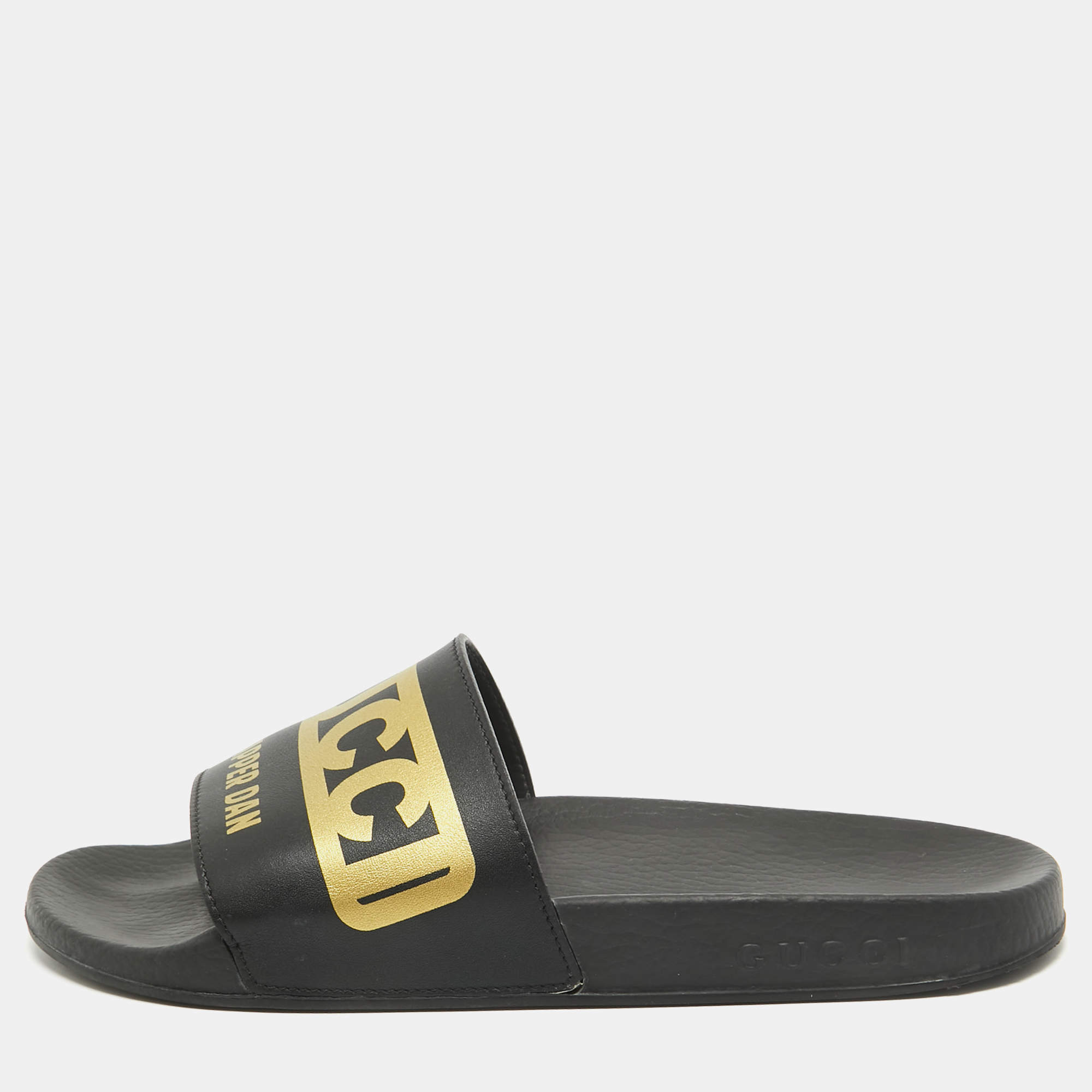 Gucci Black/Gold Leather Dapper Dan Pool Slides Size 39