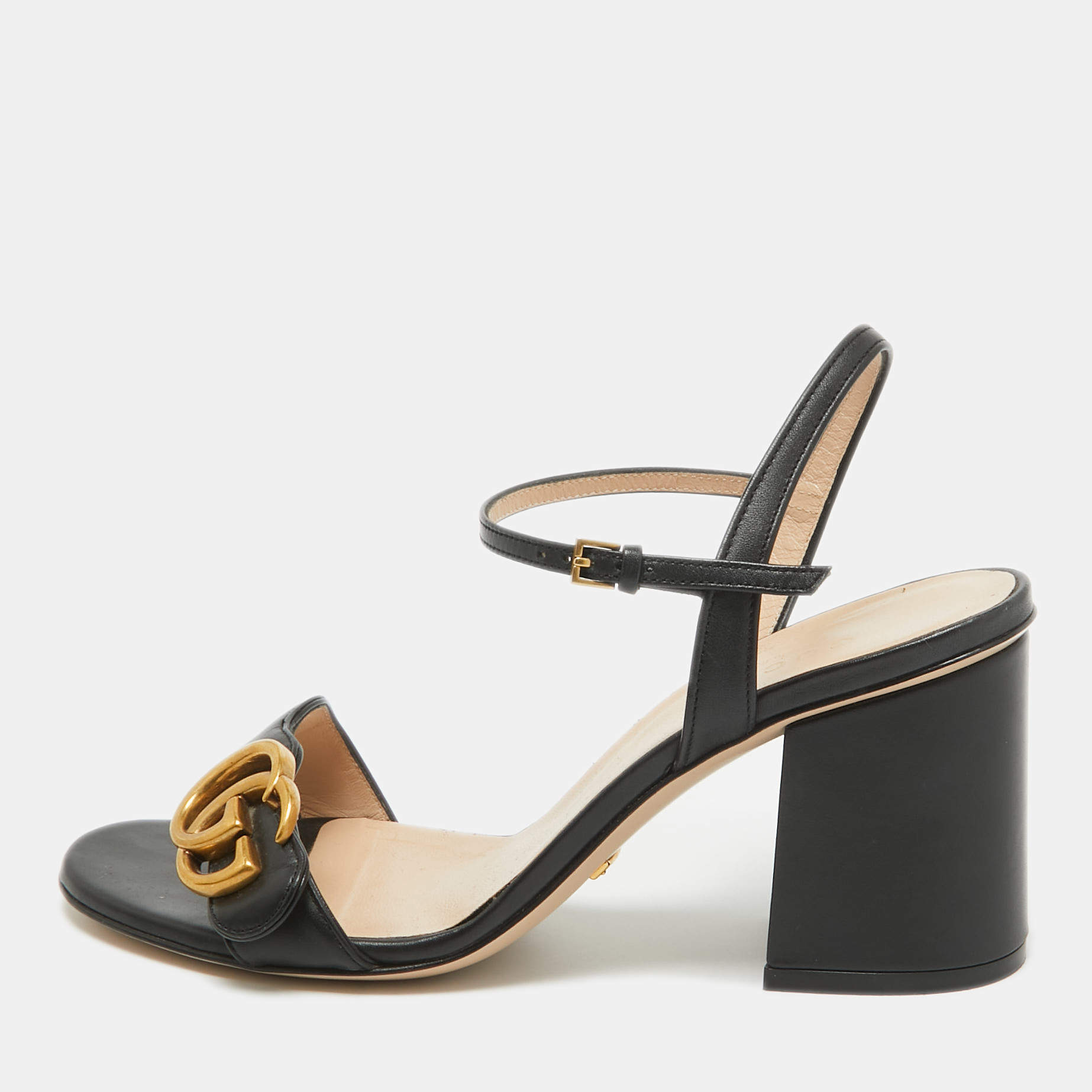 Pre Owned Gucci Black Leather GG Marmont Ankle Strap Sandals Size 36