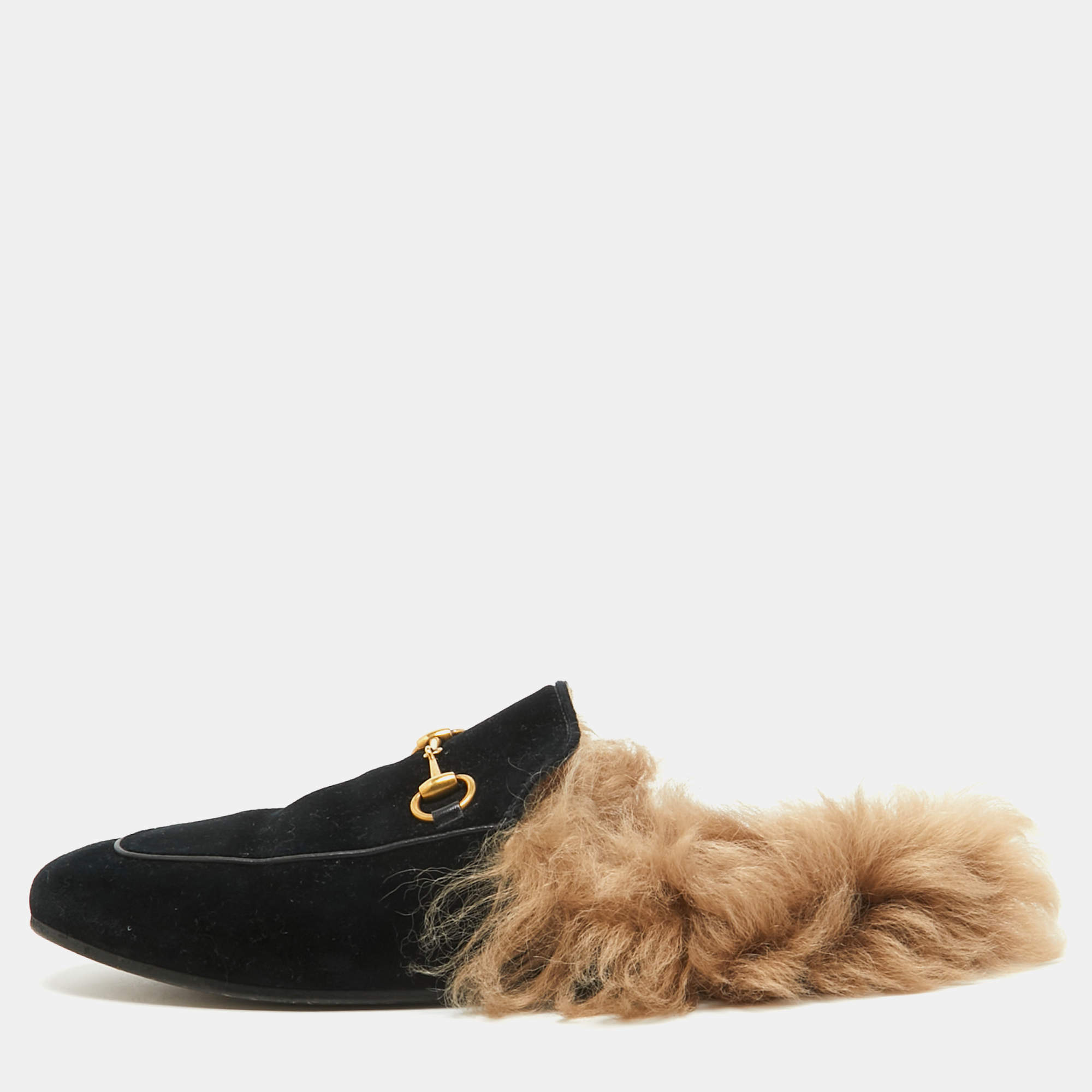 Gucci Black Velvet Fur Lined Princetown Flat Mules Size 38