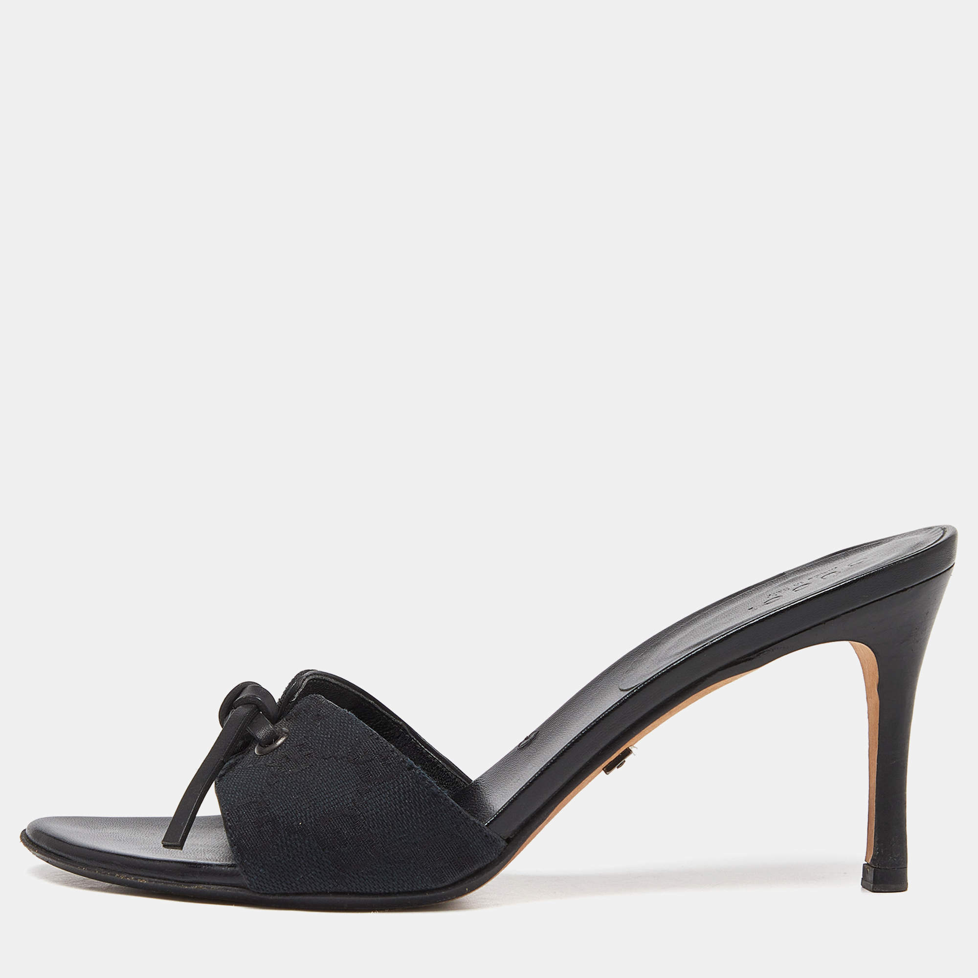 Gucci Black Monogram Canvas Bow Slide Sandals Size 36