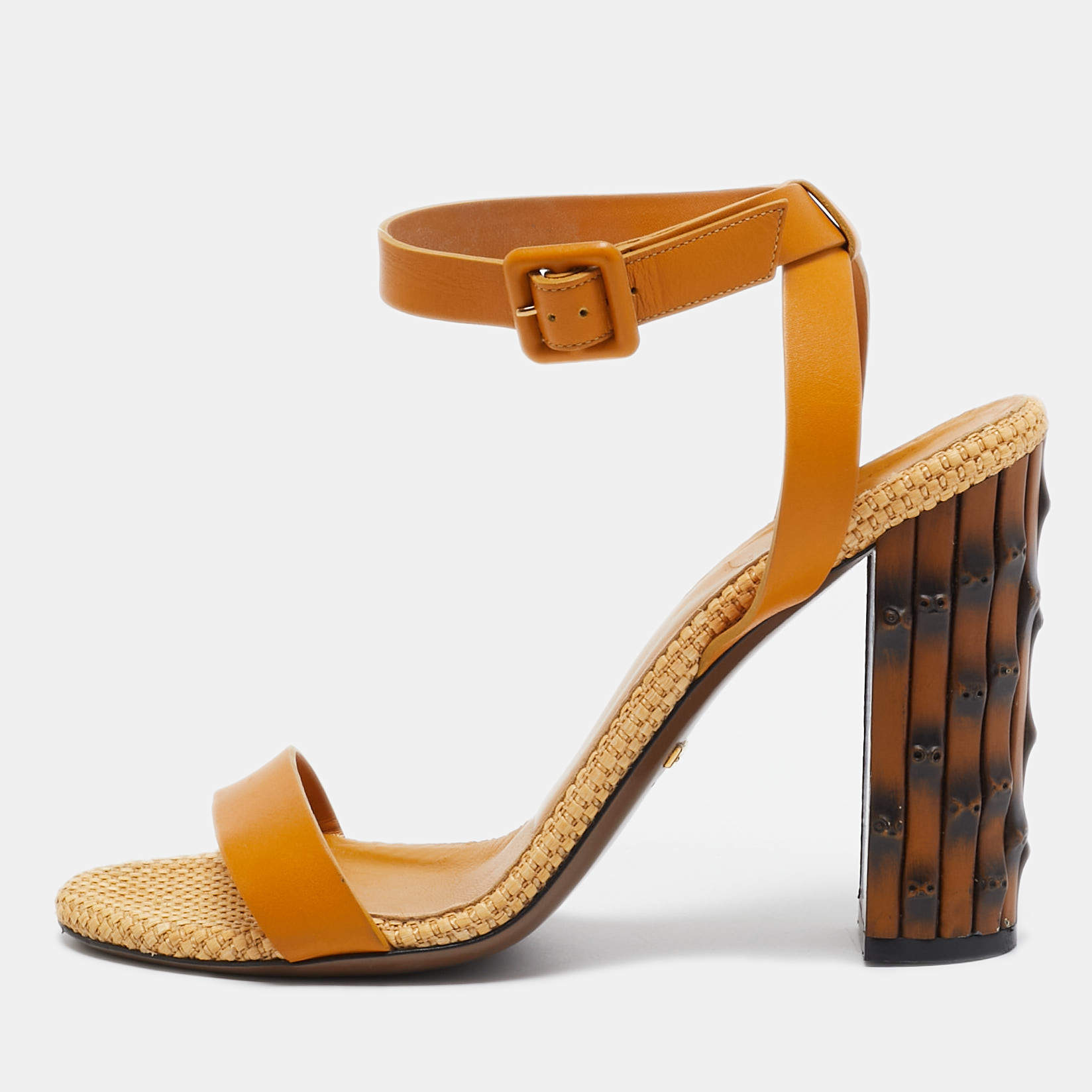 Gucci Yellow Leather Bamboo Block Heel Ankle Strap Sandals Size 37.5