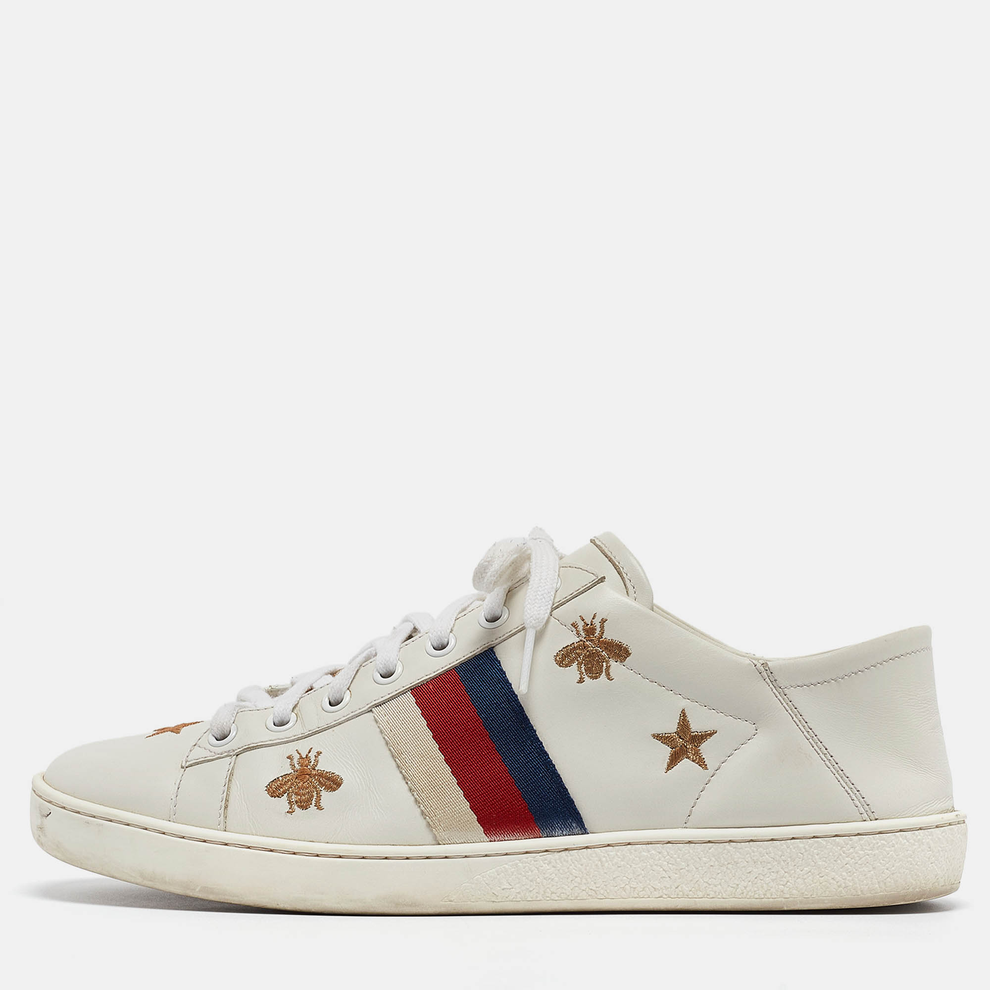 Pre Owned Gucci White Leather Star and Bee Embroidered Ace Sneakers Size 39.5