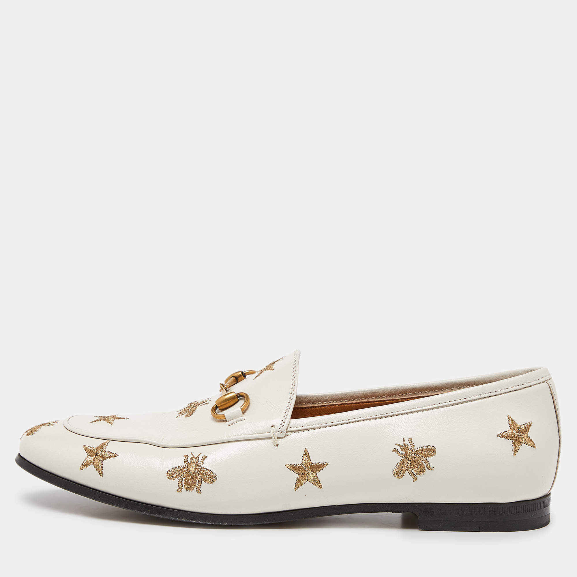 Pre Owned Gucci Cream Leather Jordaan Embroidered Bee Horsebit Slip On Loafers Size 38