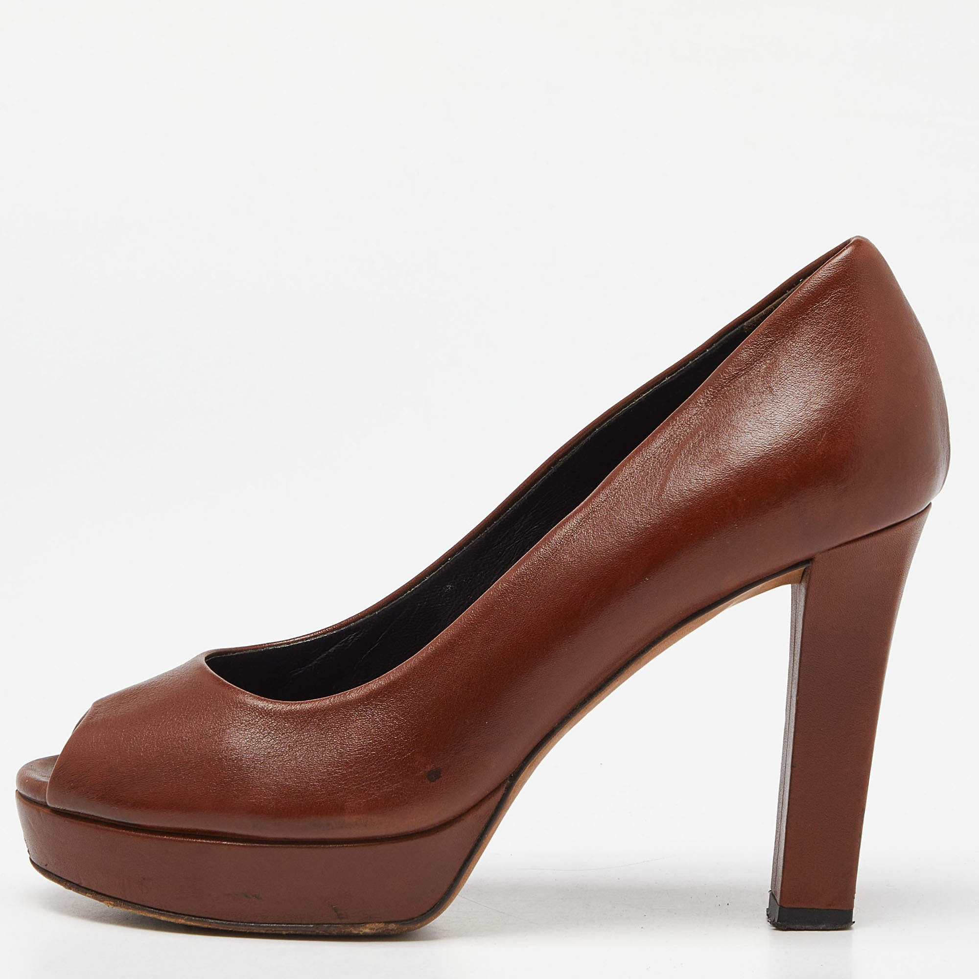 Gucci Brown Leather Peep Toe Platform Pumps Size 36.5