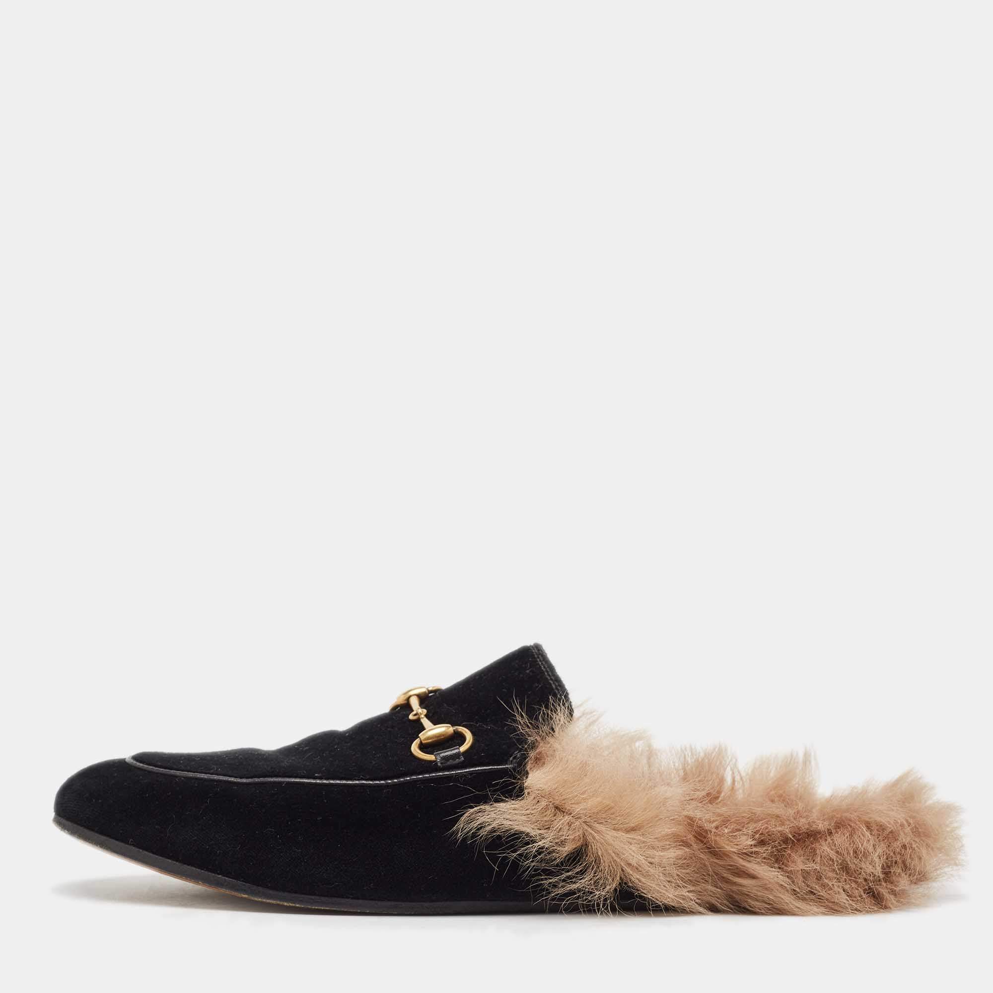 Gucci Black Velvet Fur Lined Princetown Flat Mules Size 39