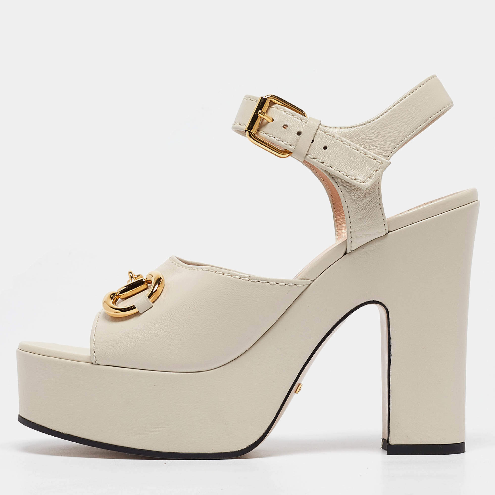 Gucci Cream Leather Horsebit Platform Block Heel Ankle Strap Sandals Size 40