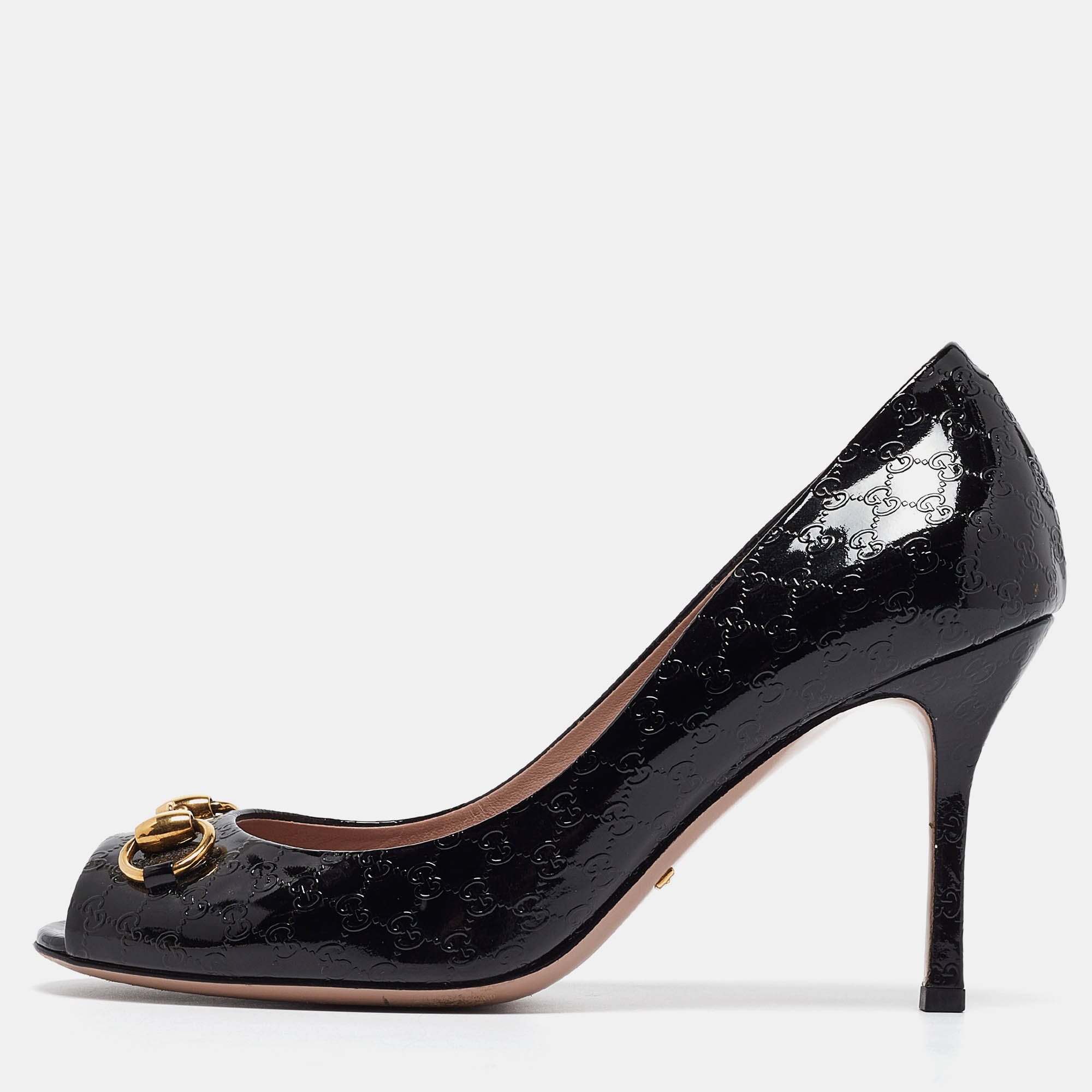 Pre Owned Gucci Black GG Patent Leather Horsebit Peep Toe Pumps Size 38.5