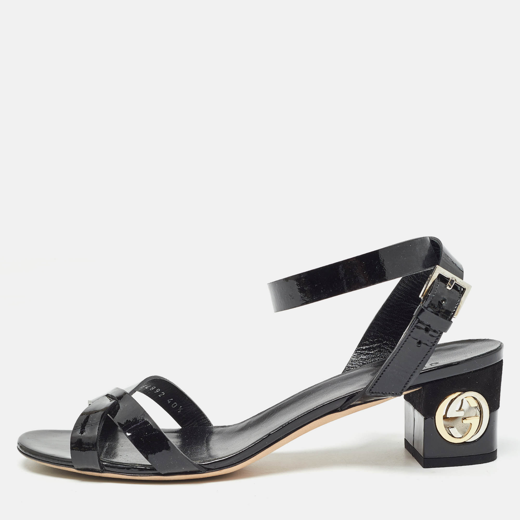 مملوكة مسبقًا Gucci Black Patent Leather Ankle Strap Sandals Size 40.5