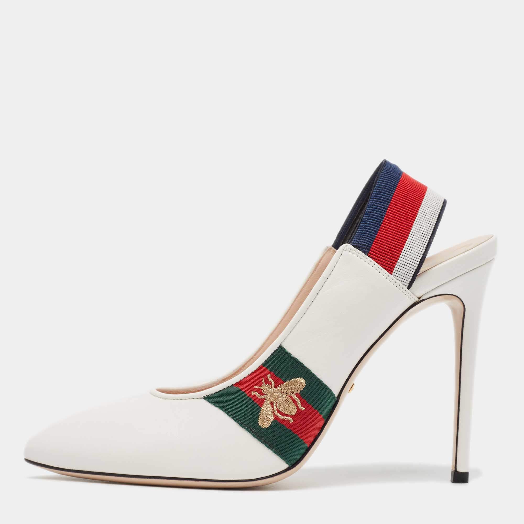 Pre Owned Gucci White Leather Web Detail Sylvie Slingback Pumps Size 40