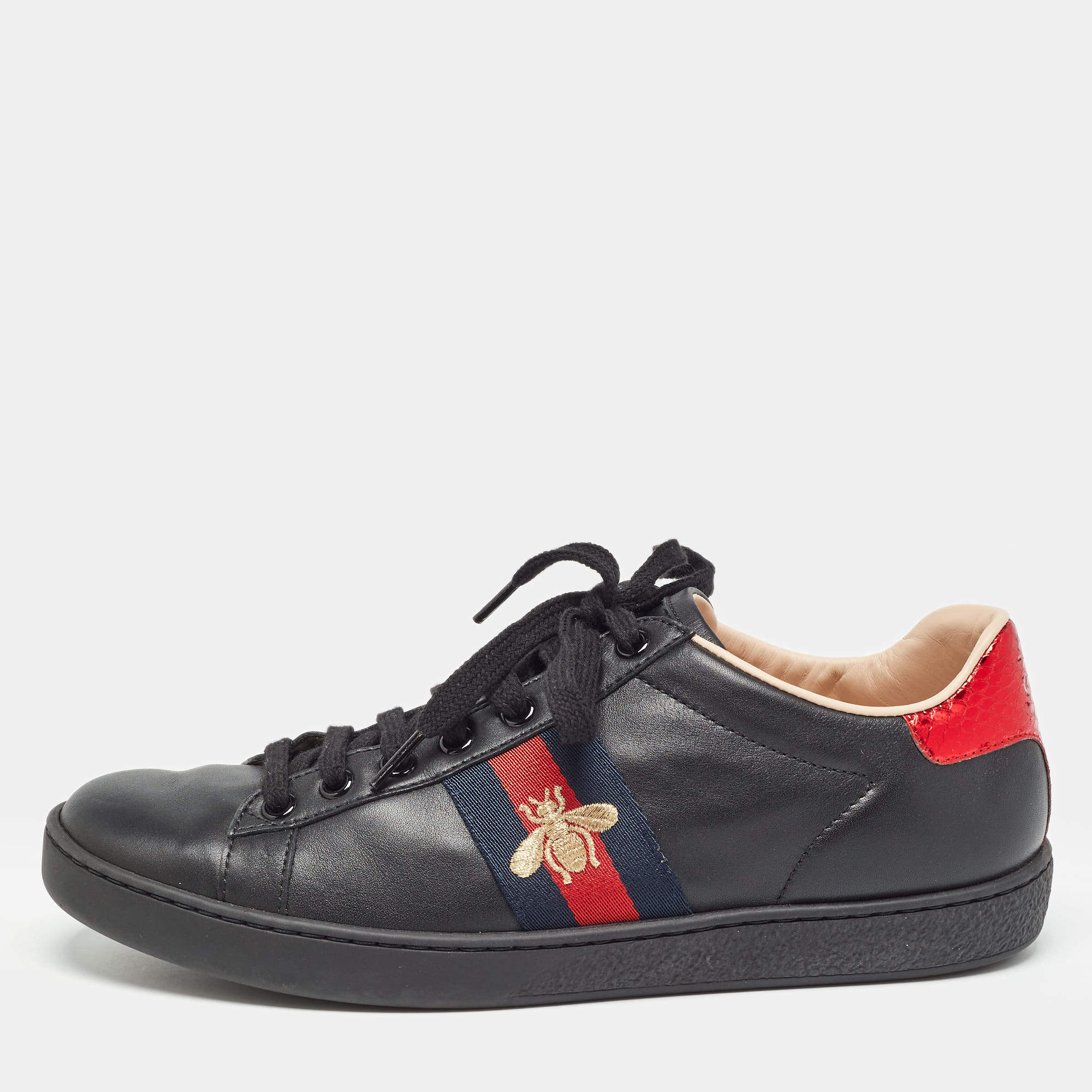 Gucci Black Leather Embroidered Bee Ace Sneakers Size 38