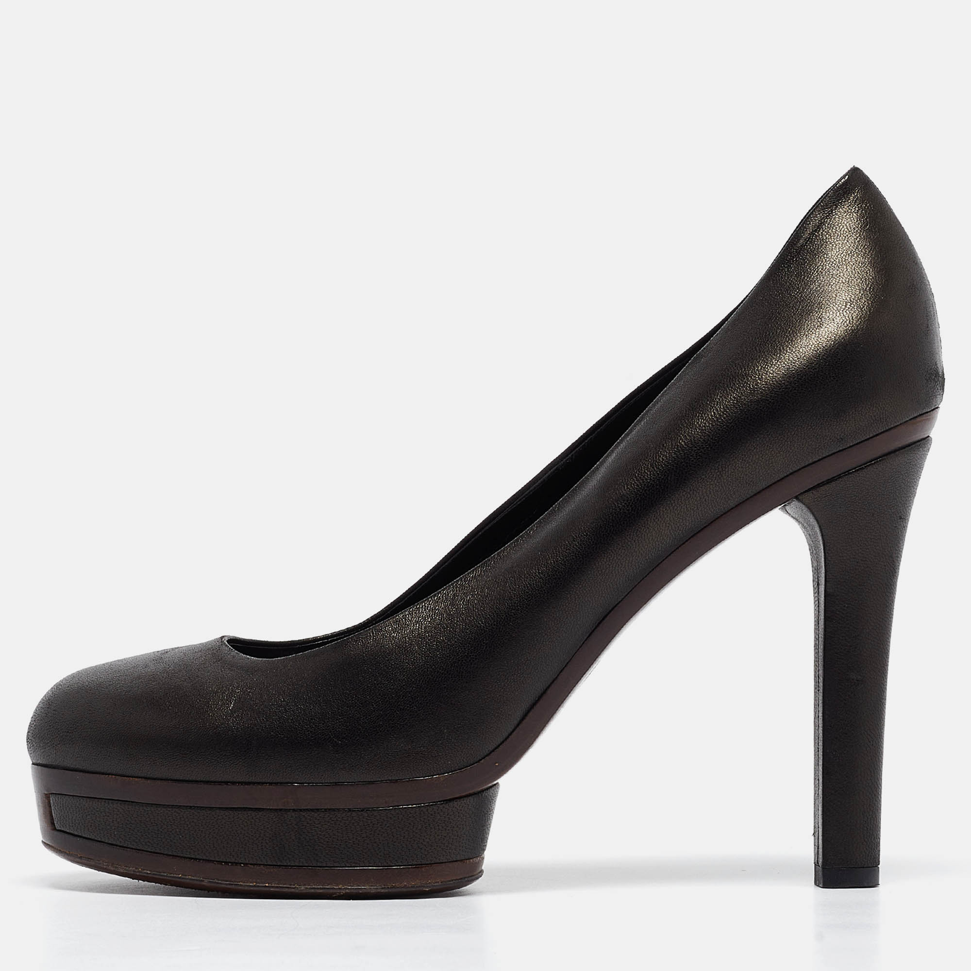 Gucci Black Leather Platform Round Toe Pumps Size 39.5