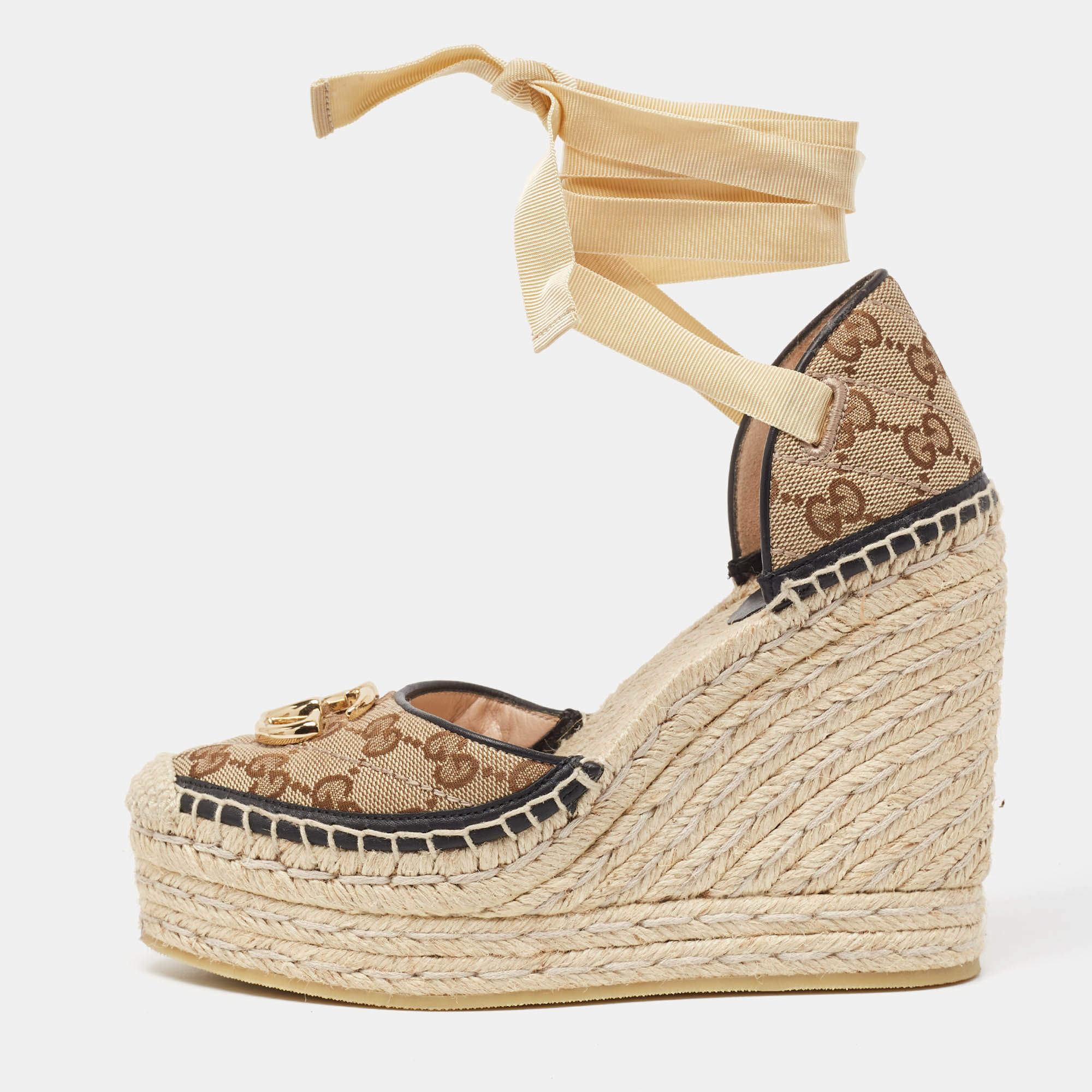 Gucci Beige/Black Canvas GG Marmont Wedge Sandals Size 36