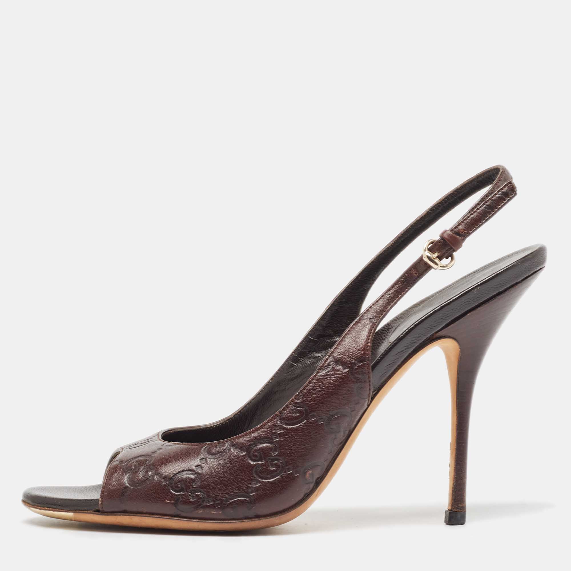 مملوكة مسبقًا Gucci Brown Leather GG Slingback Sandals Size 38.5