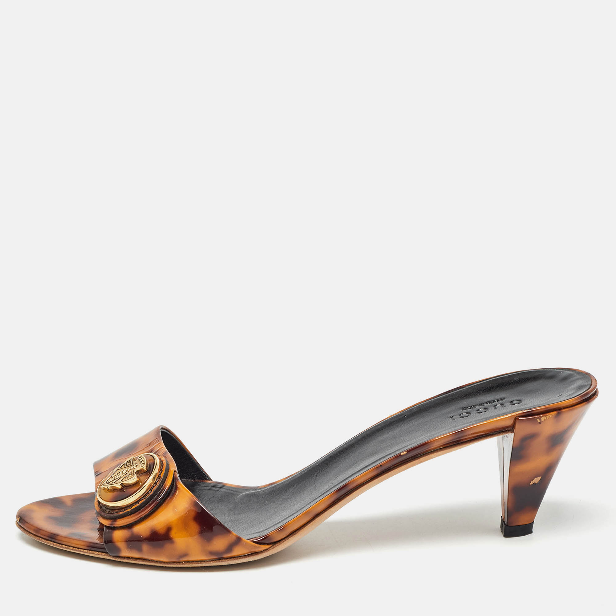 Pre Owned Gucci Two Tone Animal Print Patent Leather Hysteria Slide Sandals Size 39