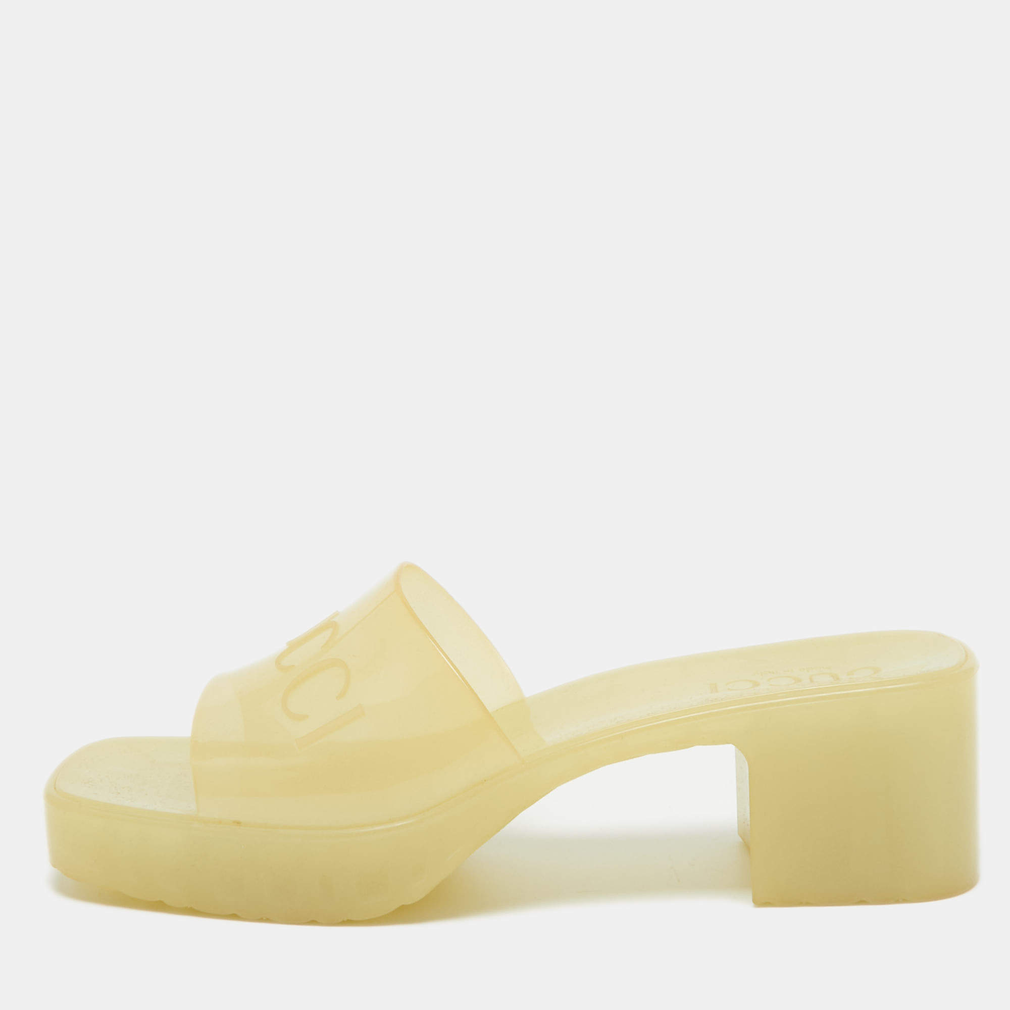 Gucci Light Yellow Rubber Logo Embossed Slide Sandals Size 37