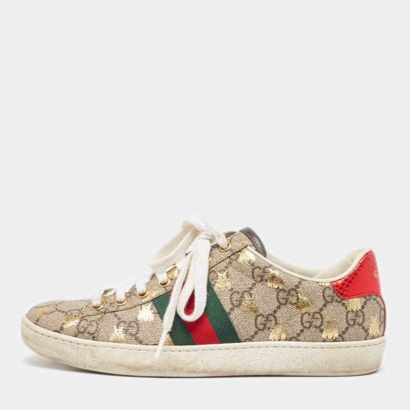Pre Owned Gucci Brown GG Supreme Canvas Bee Ace Sneakers Size 36