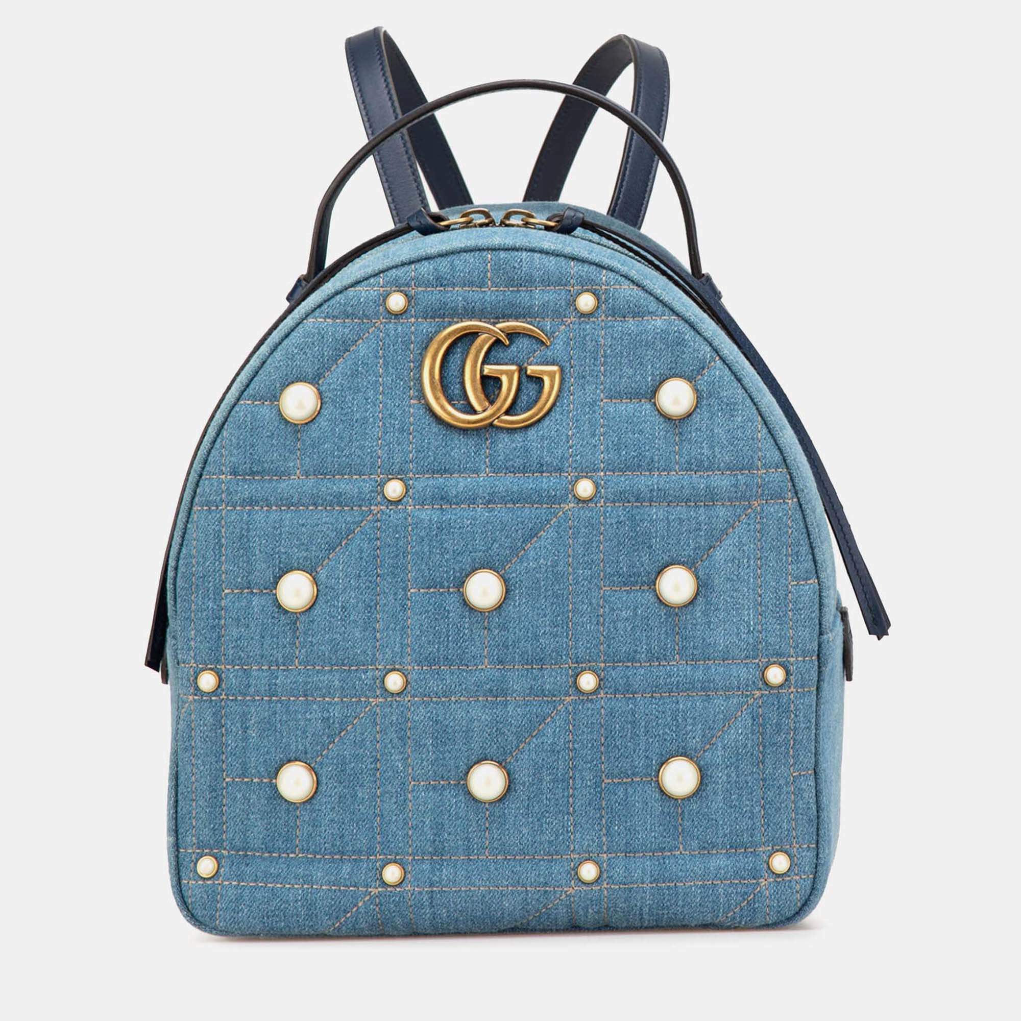Gucci Small GG Marmont Pearl Denim Backpack