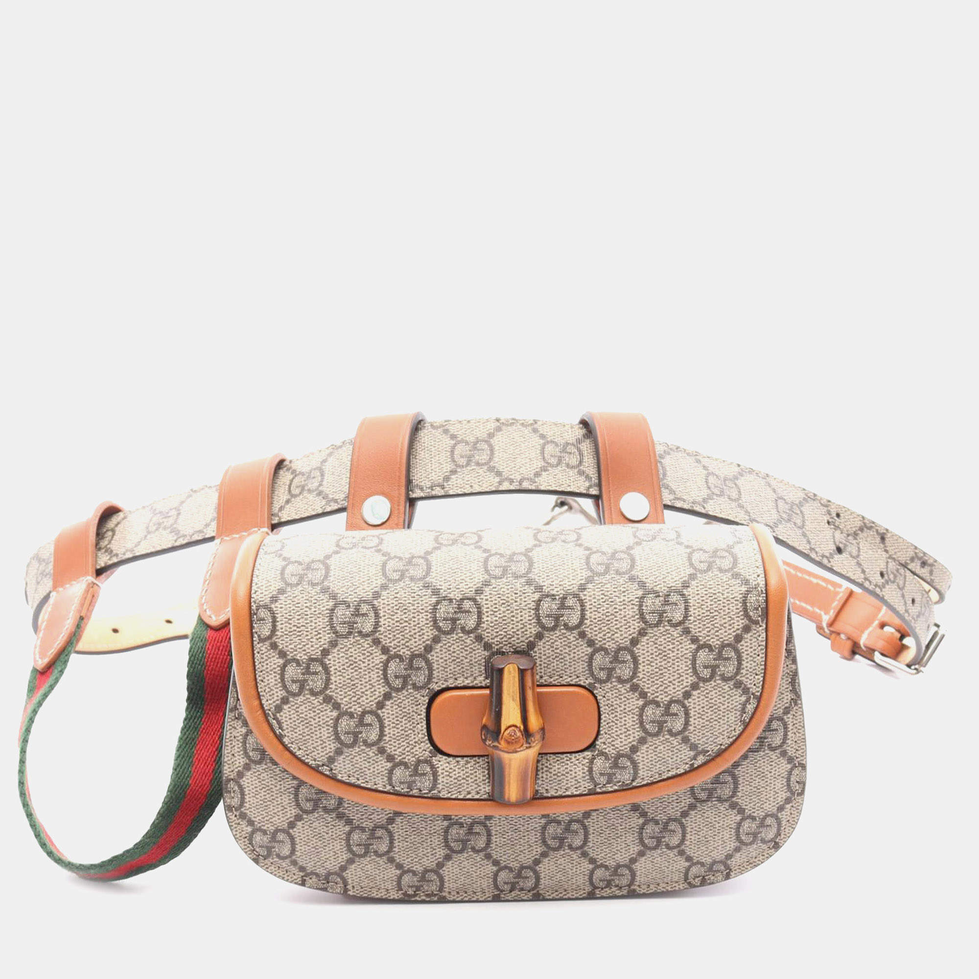 Pre Owned Gucci Mini GG Supreme Beige Web Bamboo 1947 Belt Bag