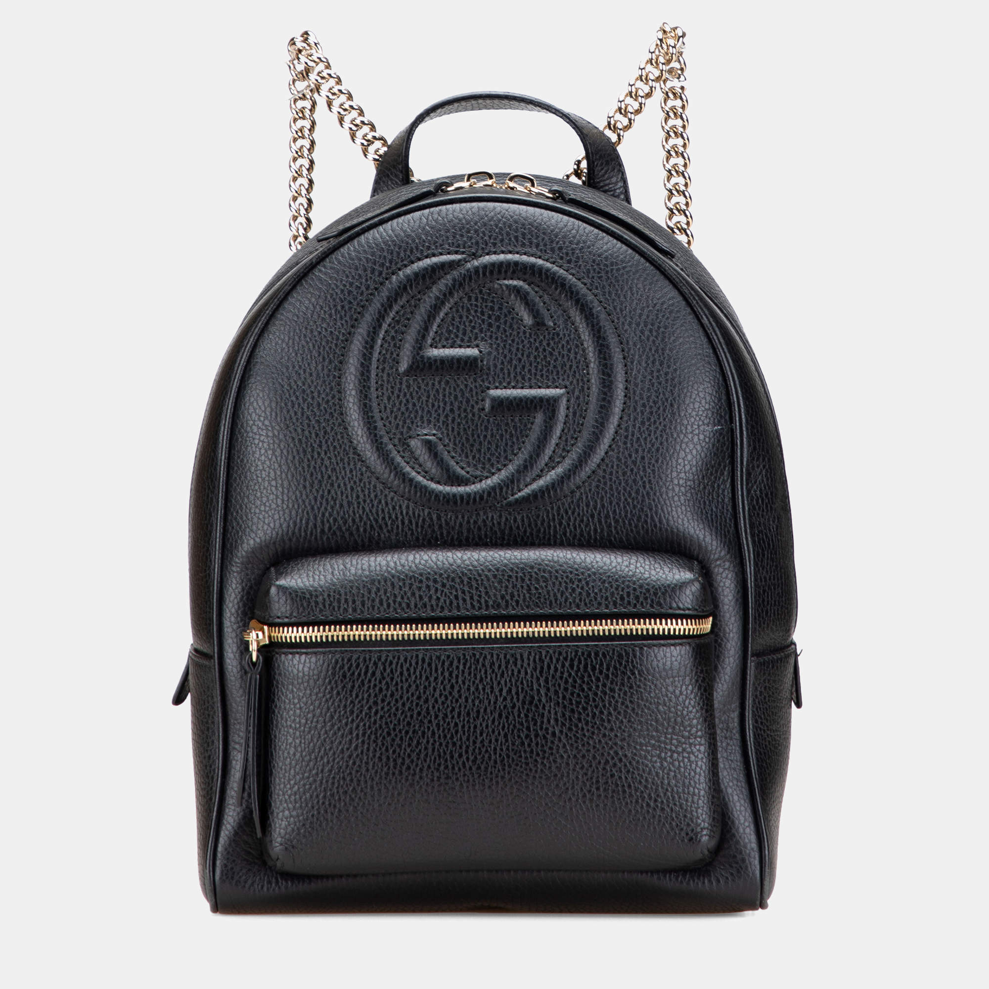 Pre Owned Gucci Black Pebbled Calfskin Soho Chain Backpack