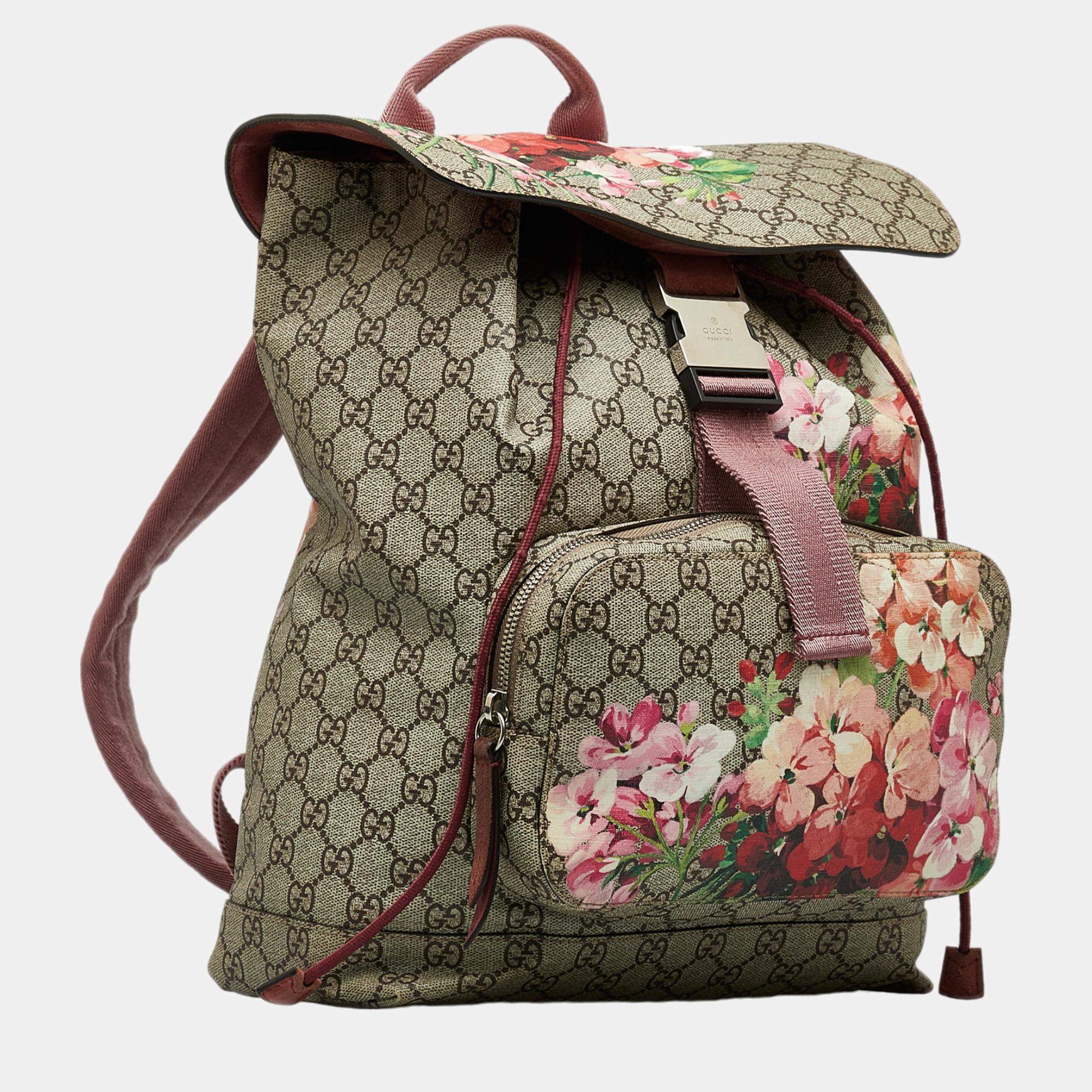 Gucci Beige Brown GG Supreme Blooms Single Buckle Backpack Gucci TLC